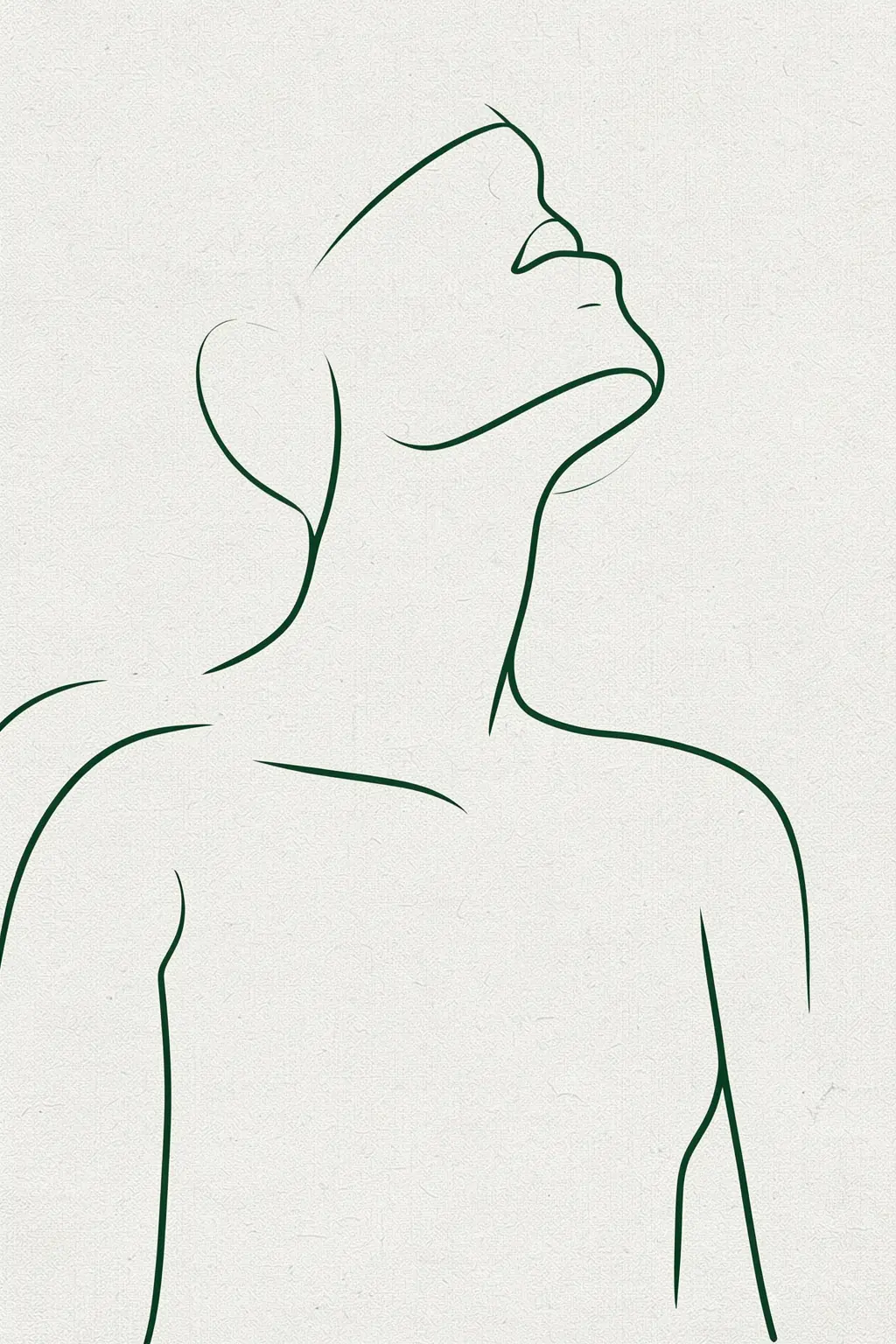 Minimalist Couple Embrace. A single dark-green continuous line outlines a person’s upturned face, neck, and shoulders on textured ivory.
