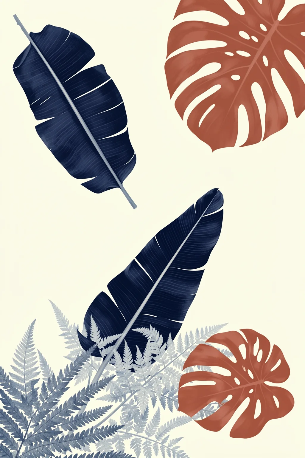 Tropical Leaf Medley. Large navy and terracotta tropical leaves overlap a pale background, with delicate gray fern fronds filling the lower edge.