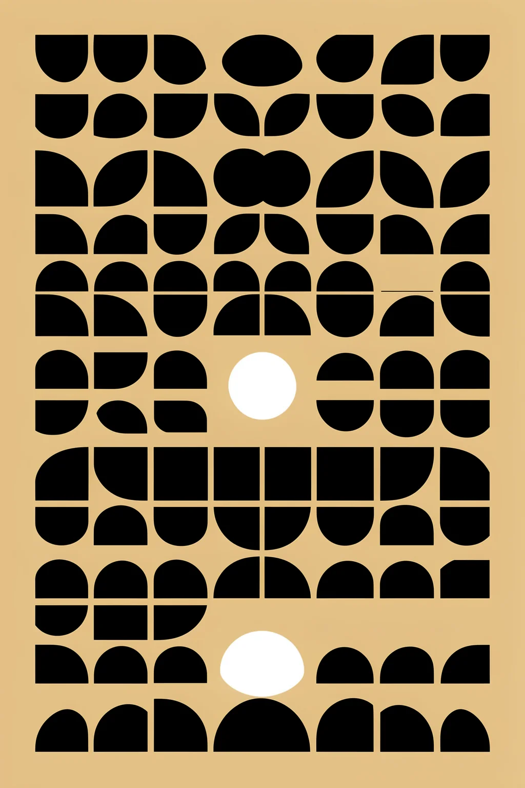 Abstract Geometric Forms. A grid of black semicircles, quarter-circles, and other geometric pieces fills a tan field, interrupted by two white circles.