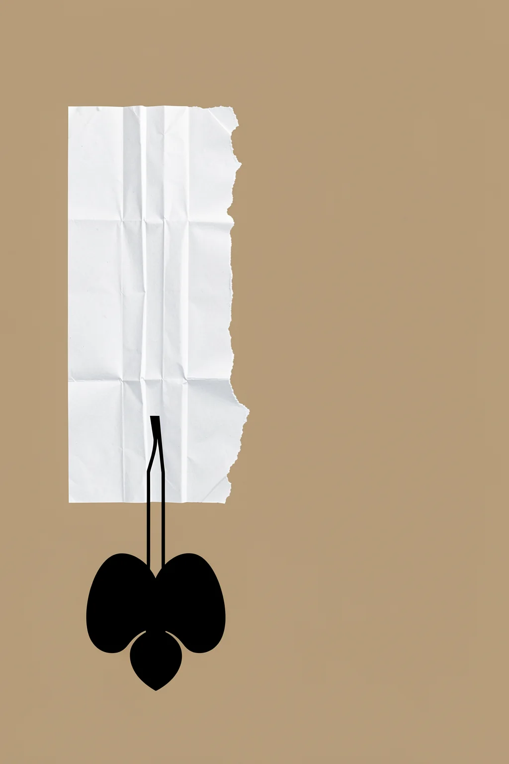 Abstract White Bloom. A crumpled white rectangular sheet sits above a simple black flower silhouette on a thin stem against taupe.
