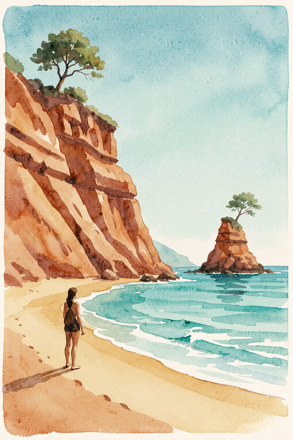 Algarve Coastal Walk. A figure walks along a sandy beach beneath orange cliffs, with turquoise water, a rocky islet, and a small tree.