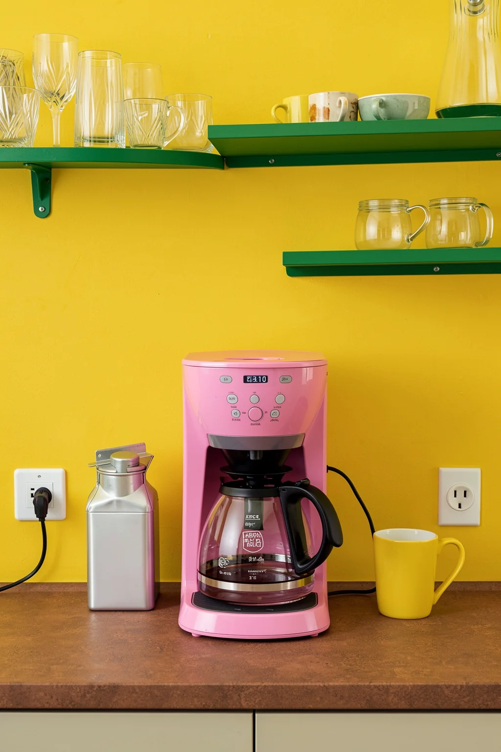 Back To Work. A pink drip coffee maker sits on a wooden counter beneath green shelves of cups and glassware, against a vivid yellow wall.