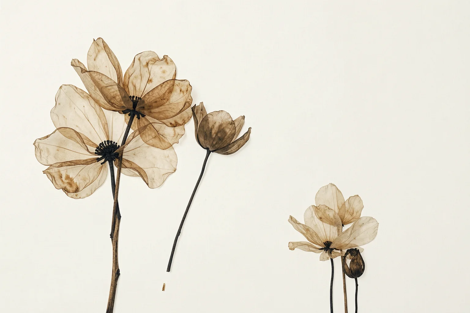 Beautiful Dry Flowers. Several delicate dried flowers on long dark stems are arranged against a clean off-white background.