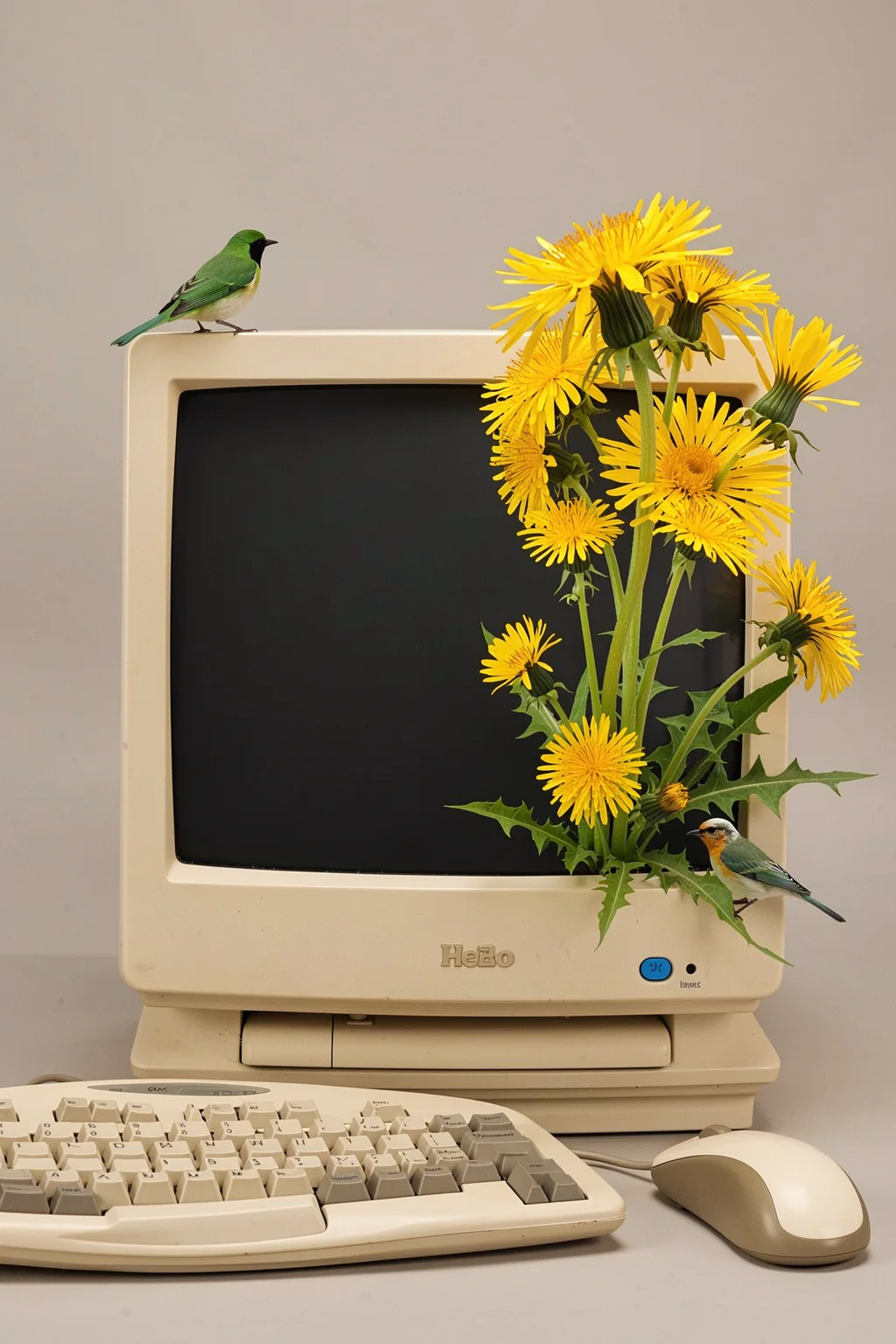 Blossoming Old Computer. Yellow flowers grow across a vintage desktop computer beside a keyboard and mouse, with small birds perched nearby.