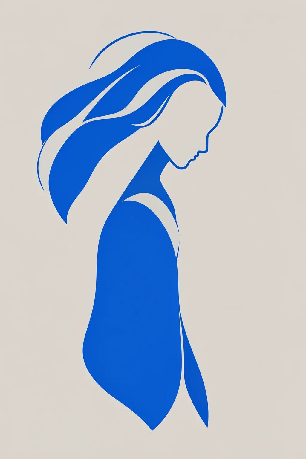 Blue Contours. A flowing blue line drawing outlines a woman facing right, with long hair and a dress-like form against pale gray.
