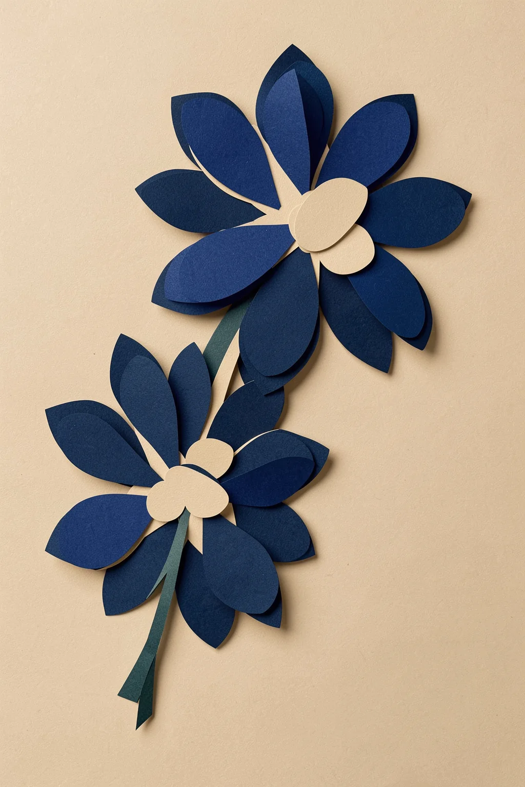 Blue Nymphaea. Two layered dark-blue flowers with broad petals are joined by stems and leaves on a warm tan ground.