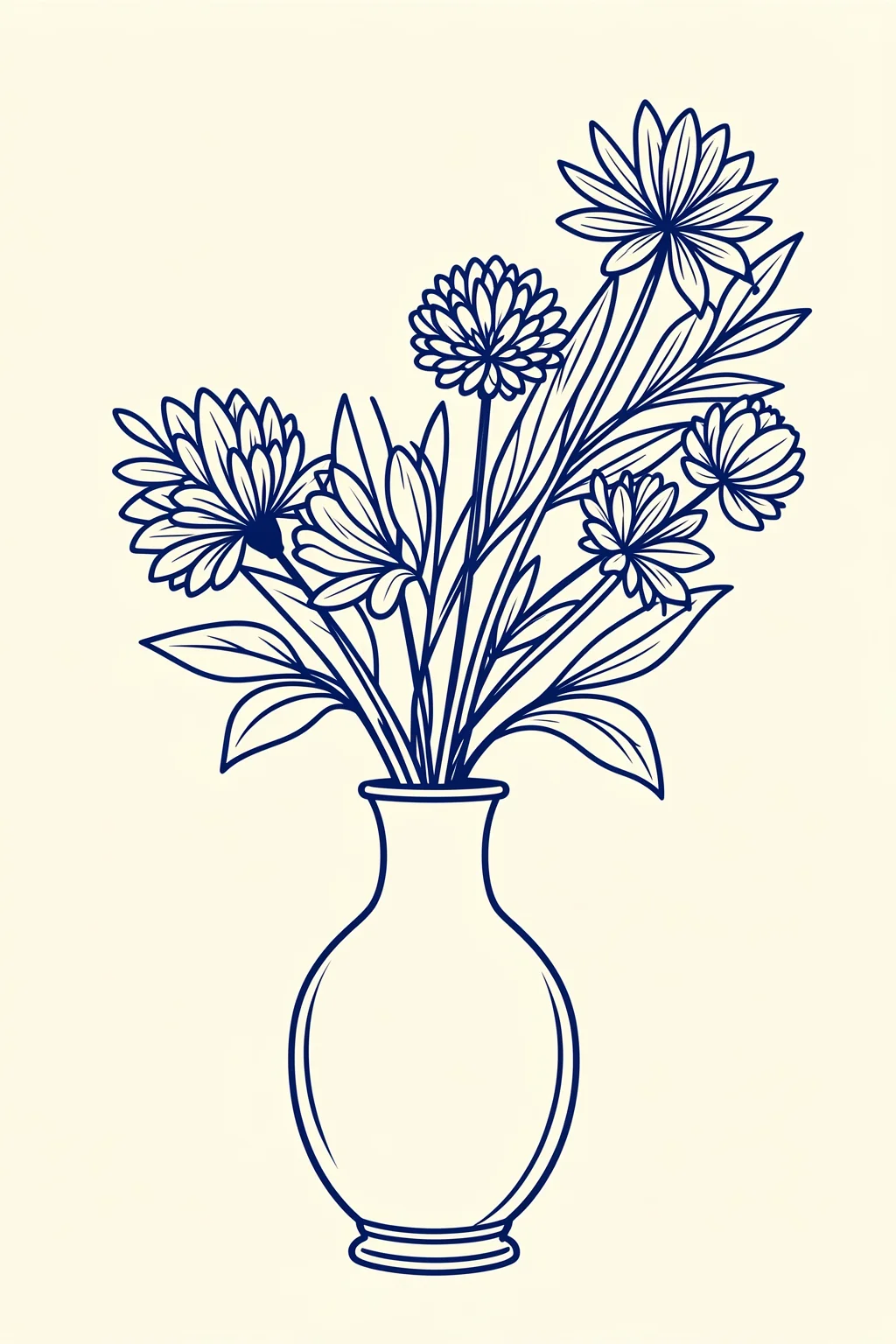Blue Vase Bouquet. A dark-blue line drawing shows a full bouquet of flowers arranged in a vase on pale cream.