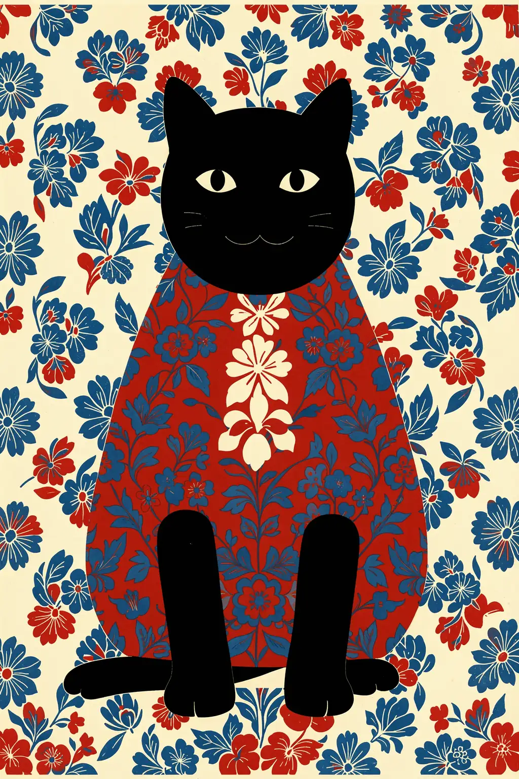 Catrioshka. A seated black cat wears a red-and-blue floral garment against a cream background densely patterned with matching flowers.