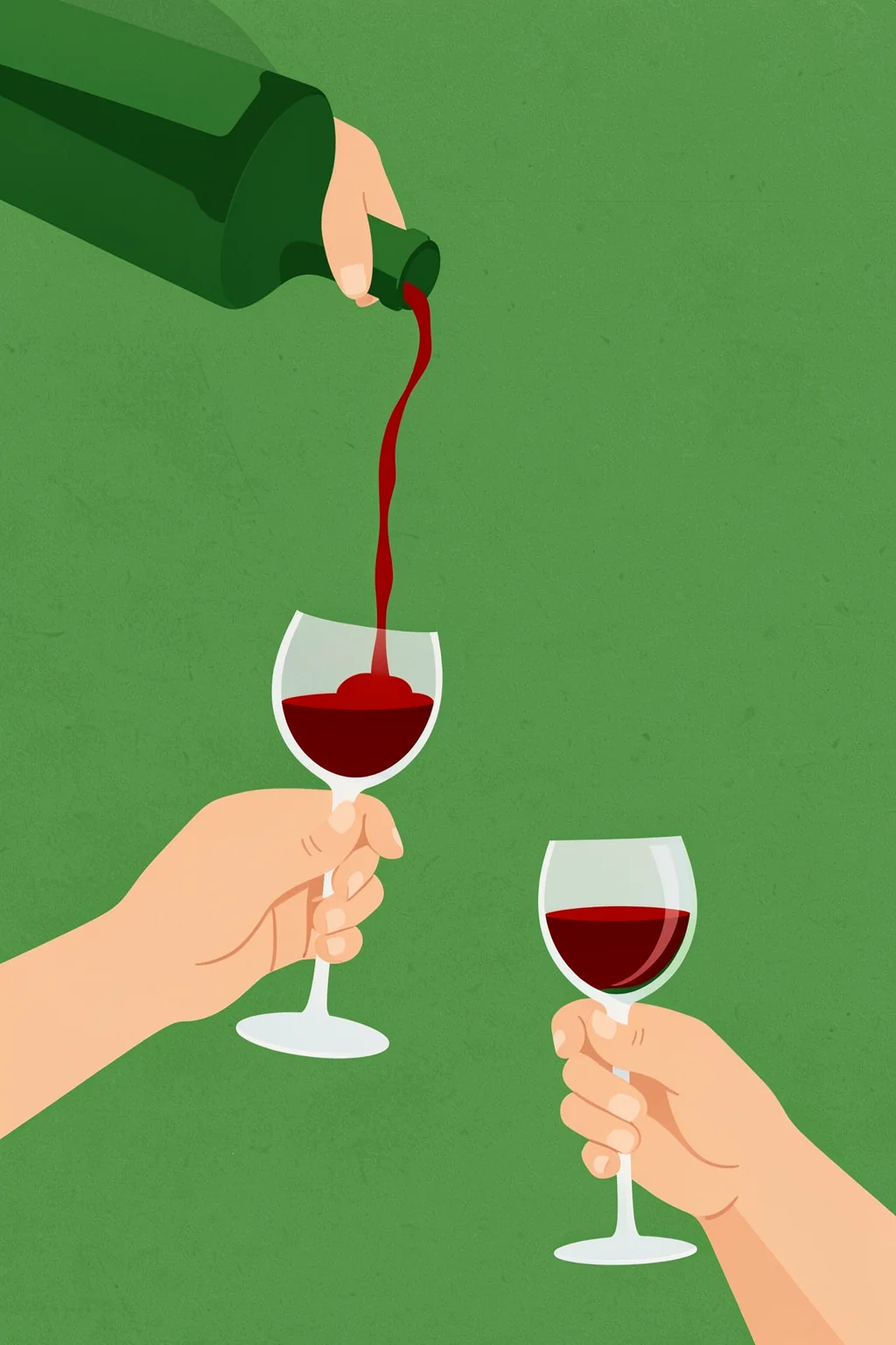 Cheers Girls. Two hands hold glasses of red wine as another hand pours, set against a solid green background.