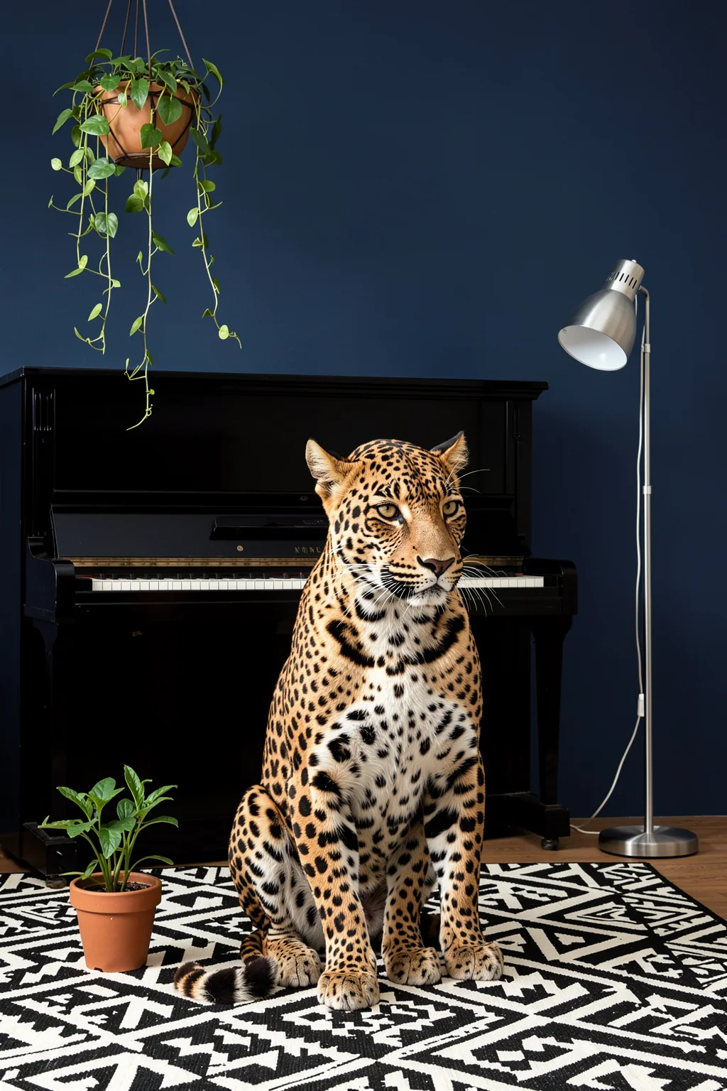Cheetah By The Piano. A seated cheetah faces forward in front of a black piano, with a hanging plant, floor lamp, and patterned rug in a dark room.