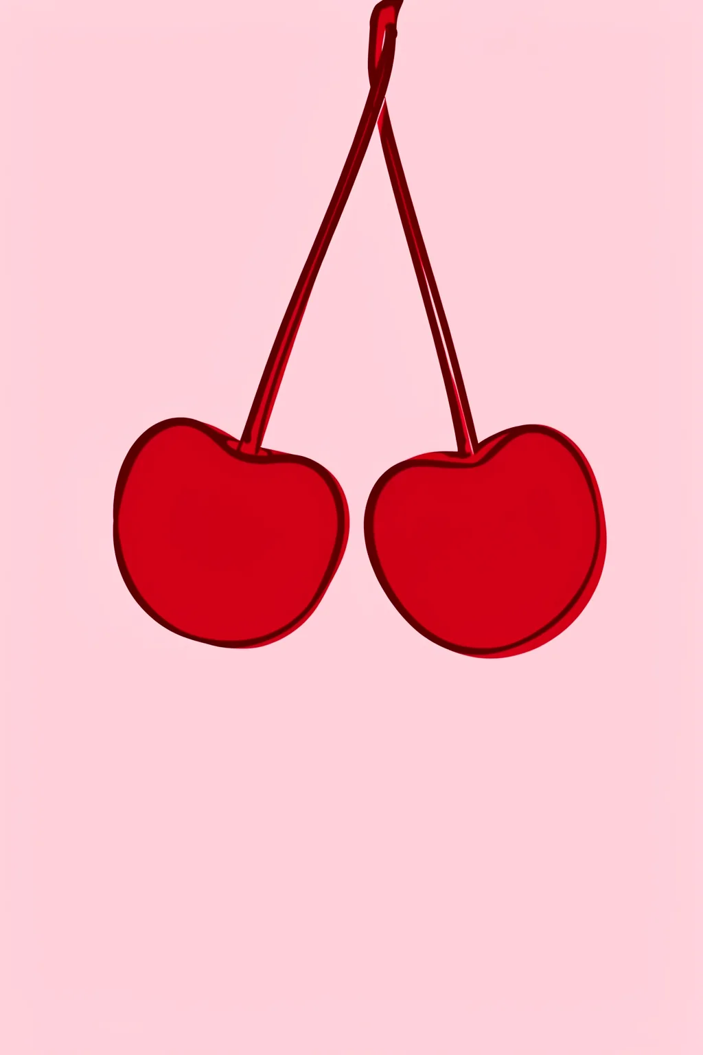 Cherry Duo Delight. Two outlined red cherries hang by long stems against a plain pale-pink background.