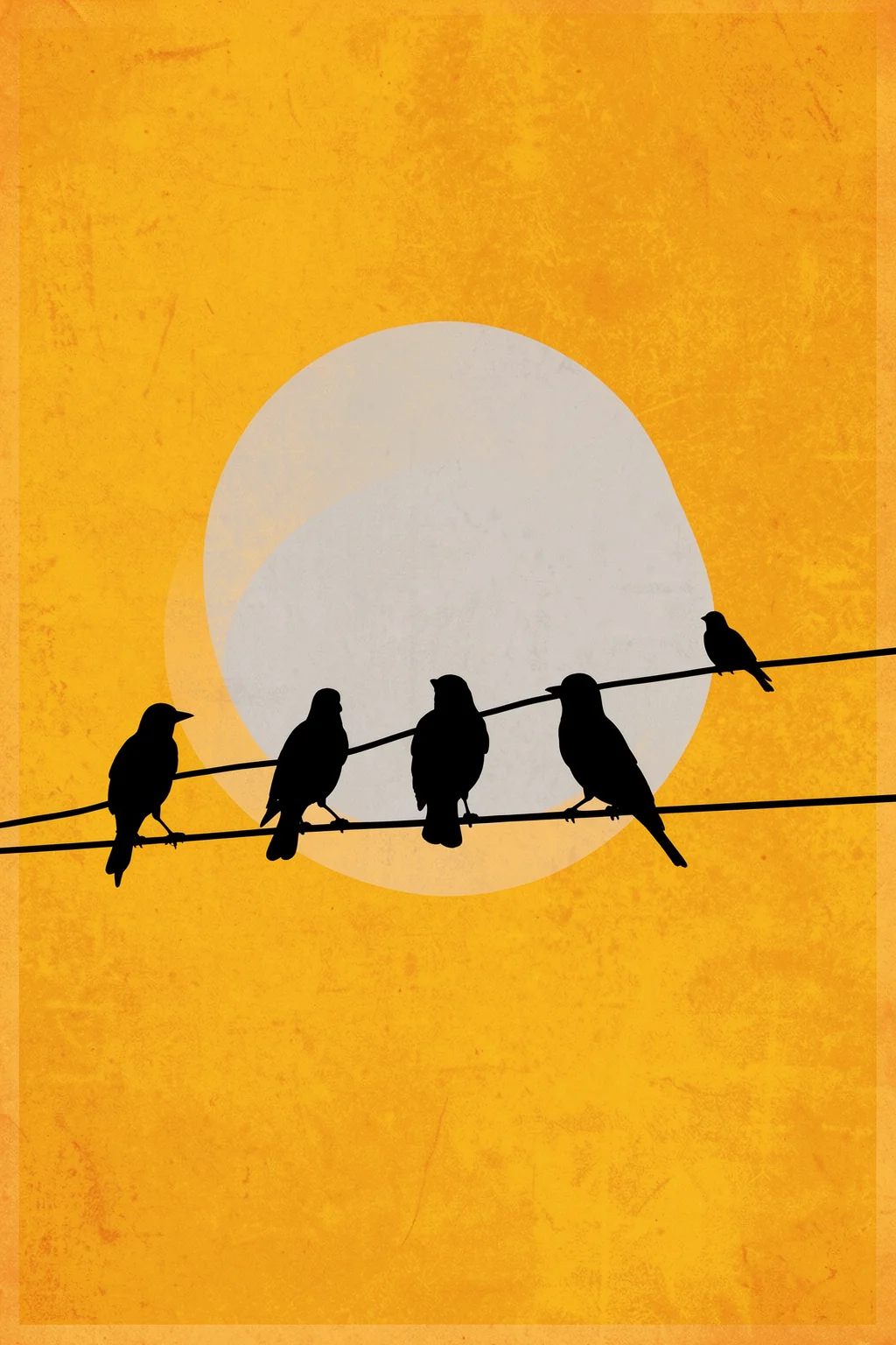 Chirping and Chilling. Five black bird silhouettes perch on two crossing wires in front of a pale circular moon on a textured orange-yellow sky.