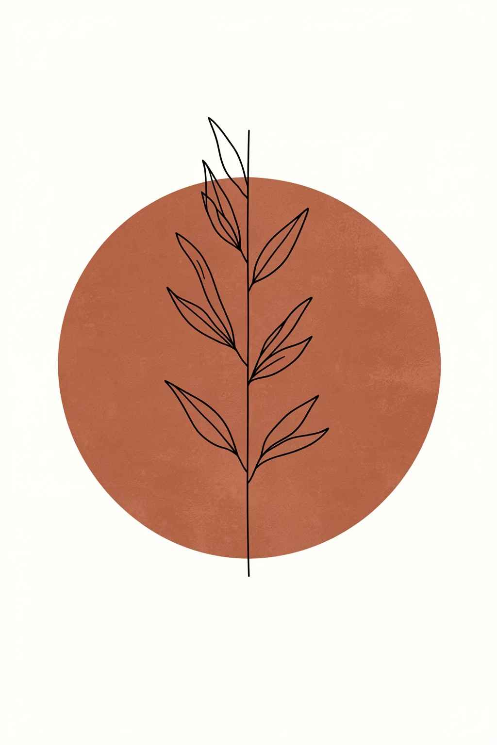 Circle and Vine. A thin black line drawing of a leafy stem stands over a large rust-colored circle on an off-white background.