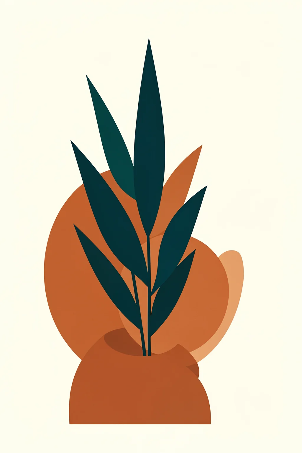 Copenhagen 1978 No.7. Tall dark-teal leaves rise from a rounded rust-colored pot, backed by overlapping circles in warm orange and brown.