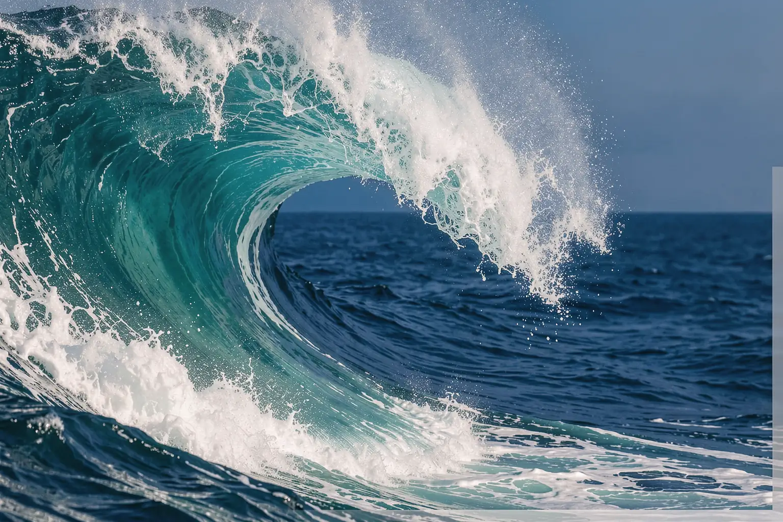 Crashing Turquoise Wave. A curling turquoise wave breaks into white foam above deep-blue ocean water.