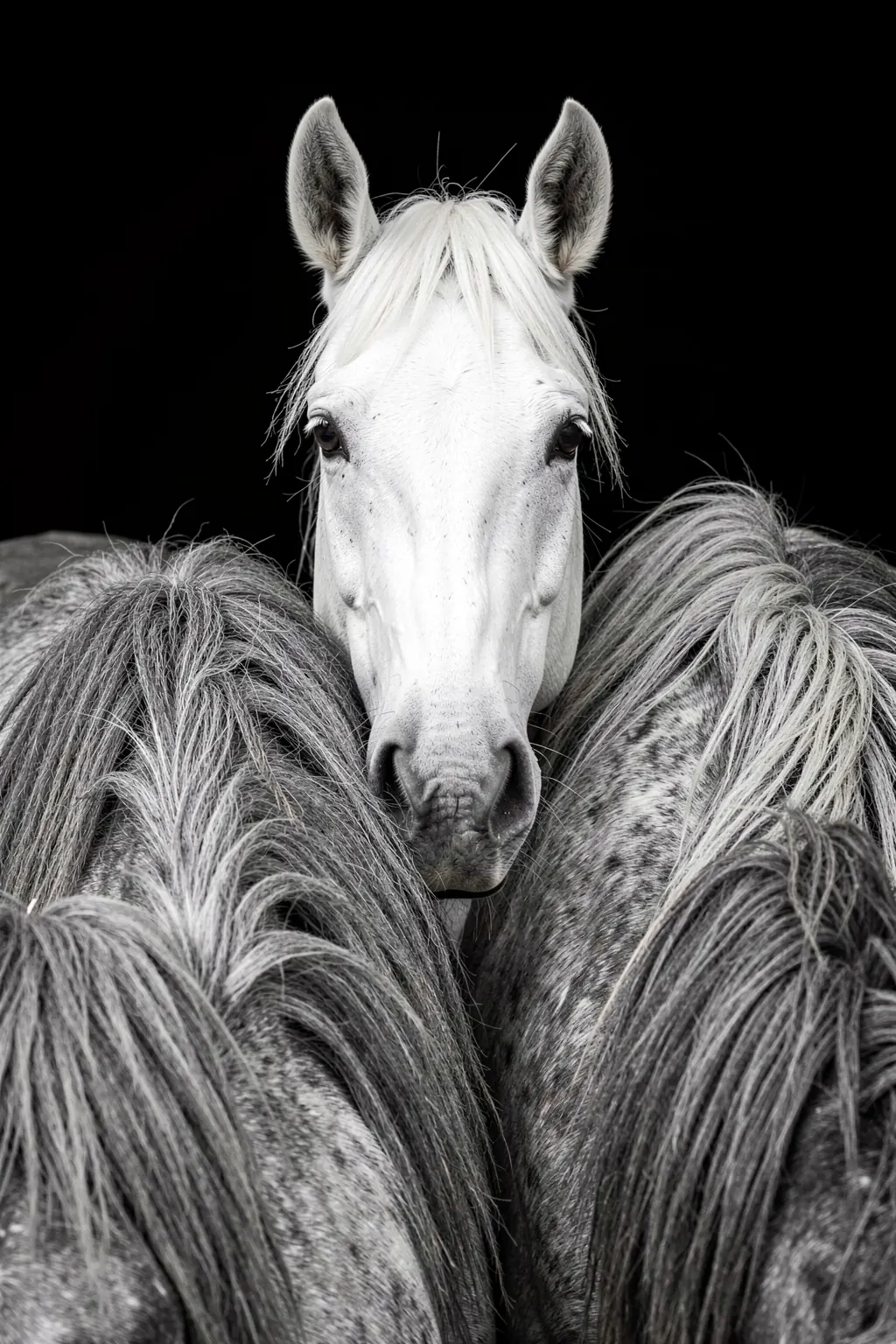Curious Horse Peeking. A white horse looks forward from among the manes of other horses against a dark background in a monochrome photograph.