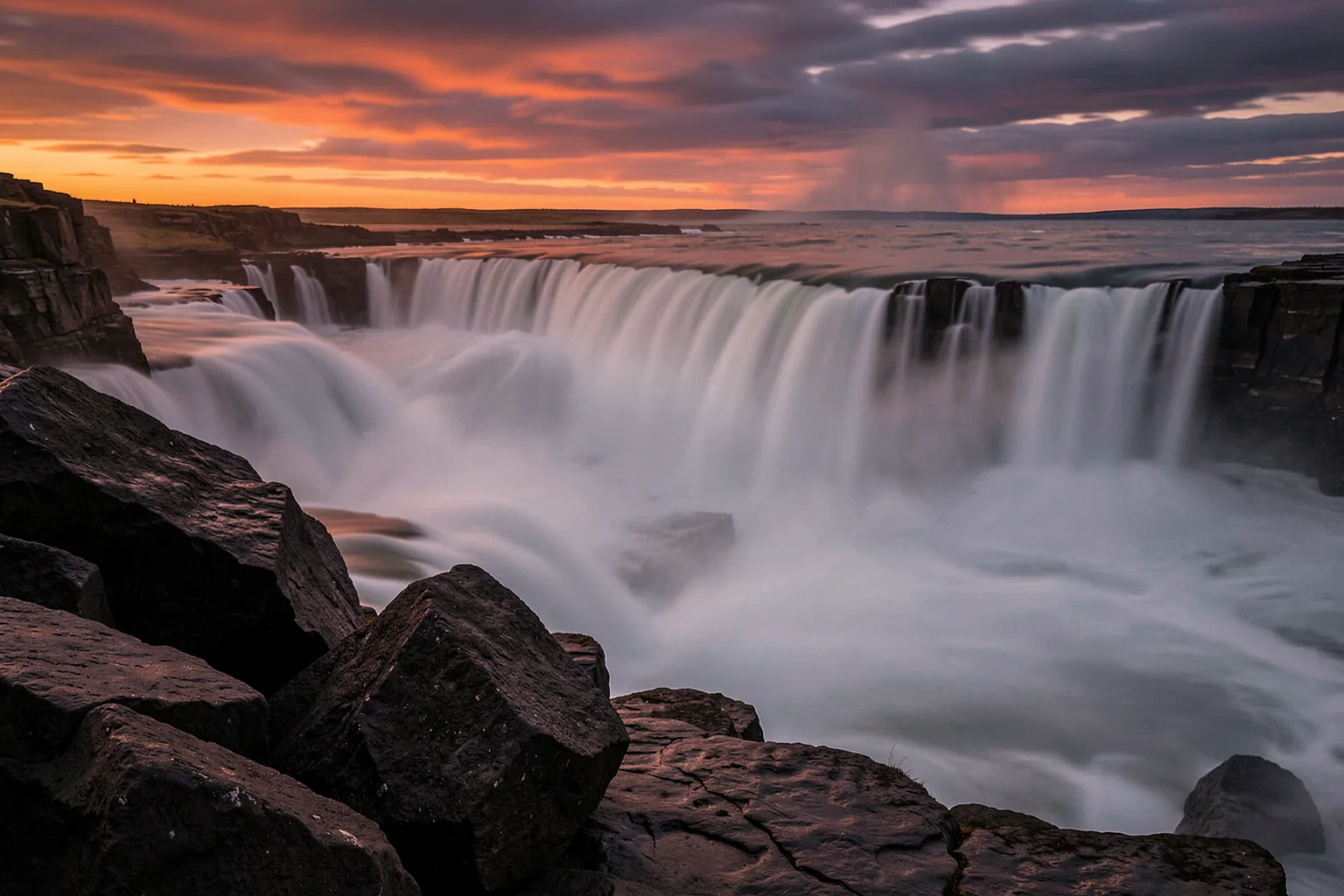 Dramatic Waterfall Sunset. A broad waterfall pours over a dark rocky ledge beneath a pink-orange sunset sky.