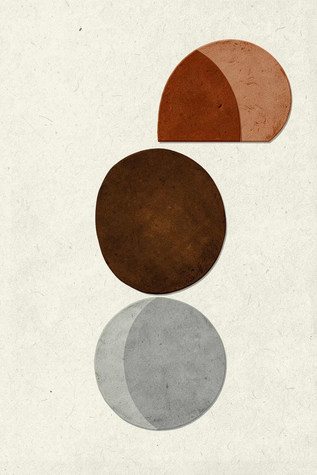 Earthy Abstract Shapes. Separate textured circles and partial circles in brown, rust, and gray are arranged vertically on cream.