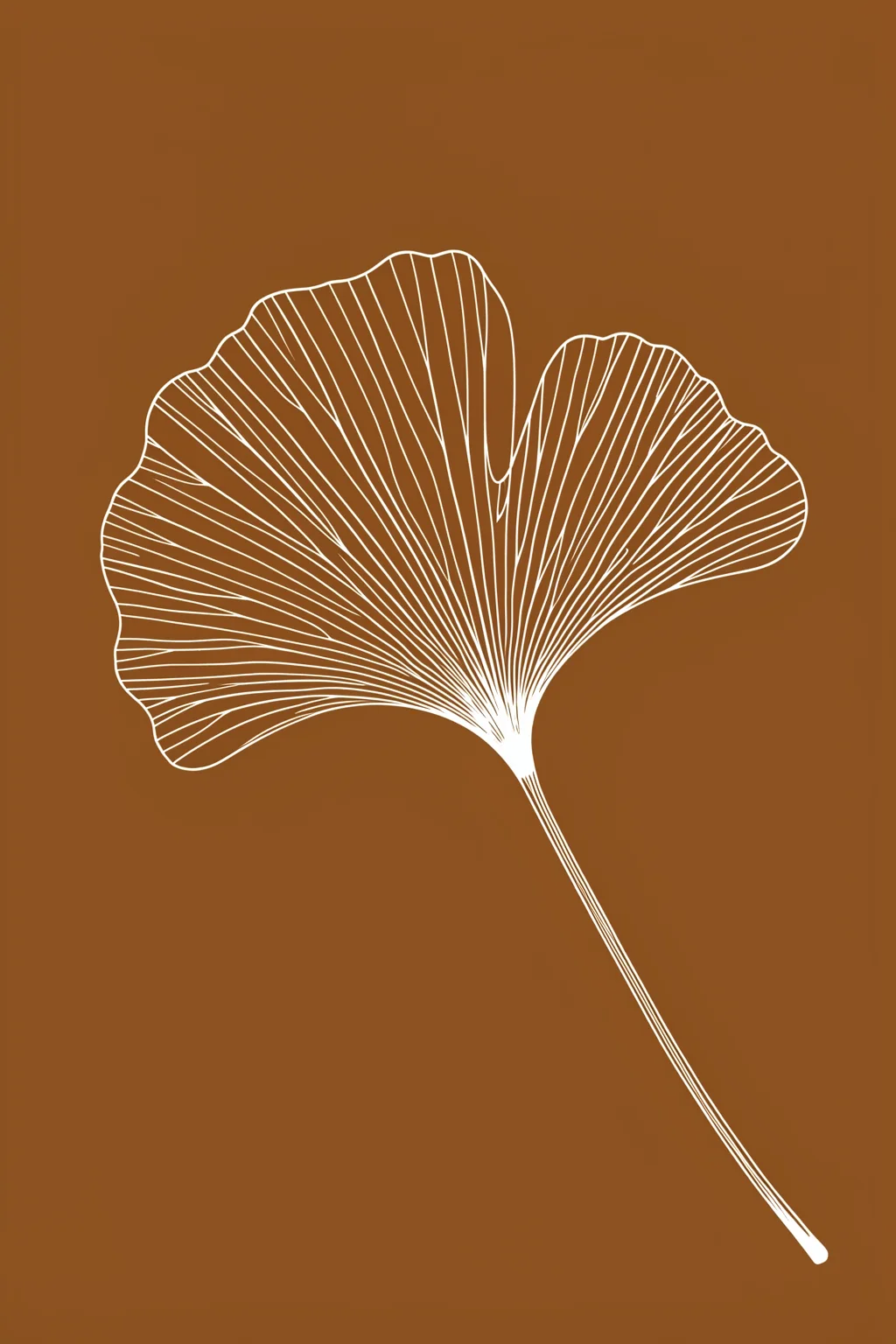 Elegant Ginkgo Leaf. A single white line drawing traces the fan-shaped veins and long stem of a ginkgo leaf on a solid brown background.