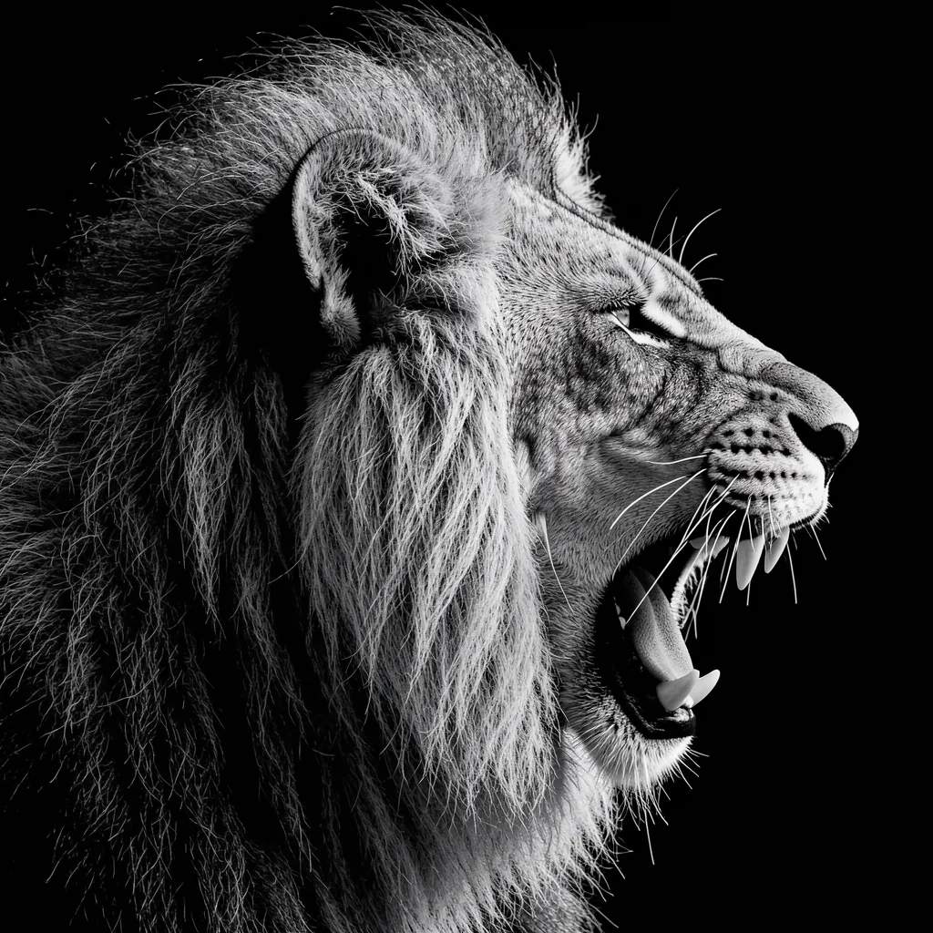 Fierce Roaring Lion. A roaring lion in close profile is rendered in black and white against a solid black background.