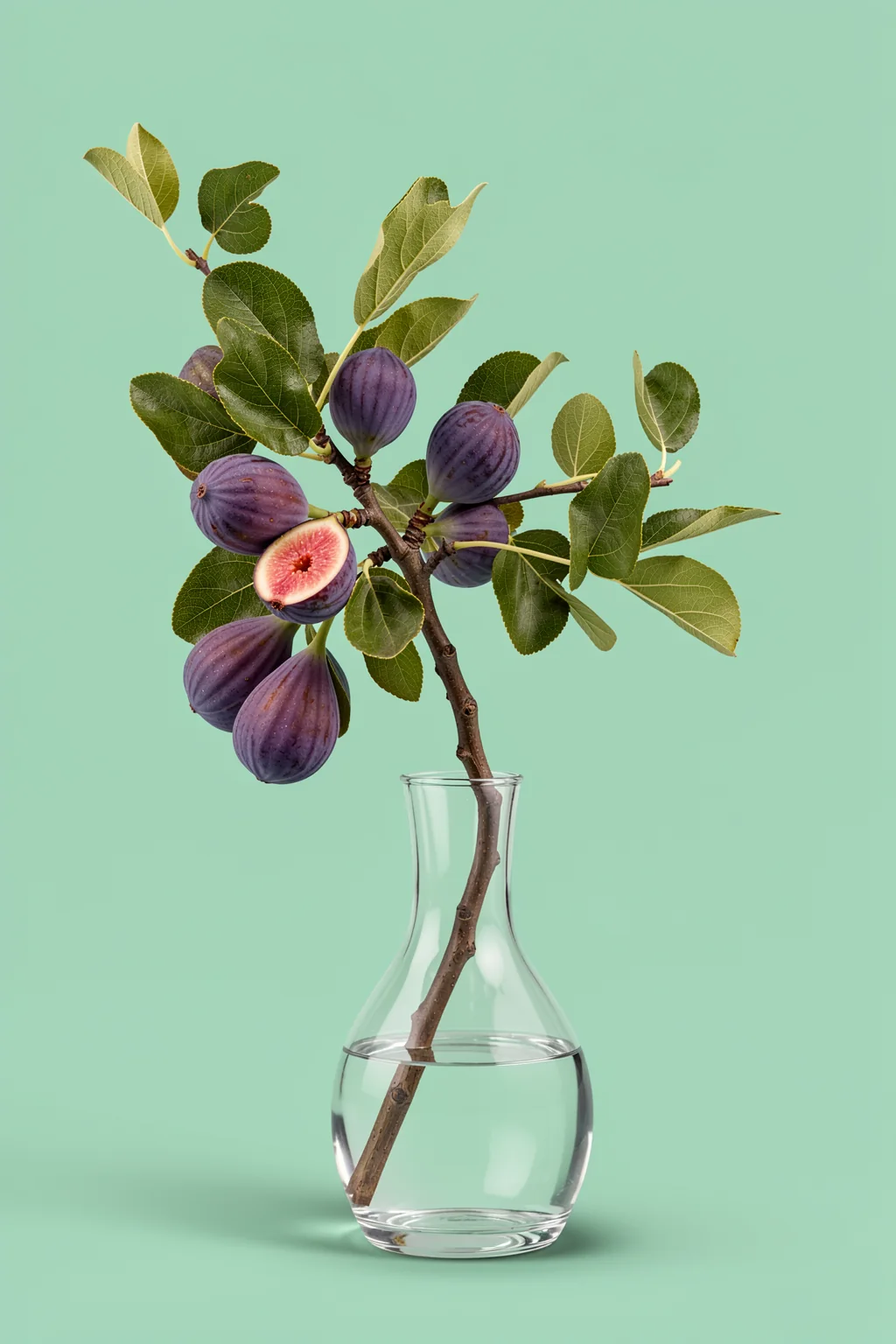 Figs Branch In Vase. A leafy fig branch bearing several purple figs, including one cut open, stands in a clear glass vase against mint green.