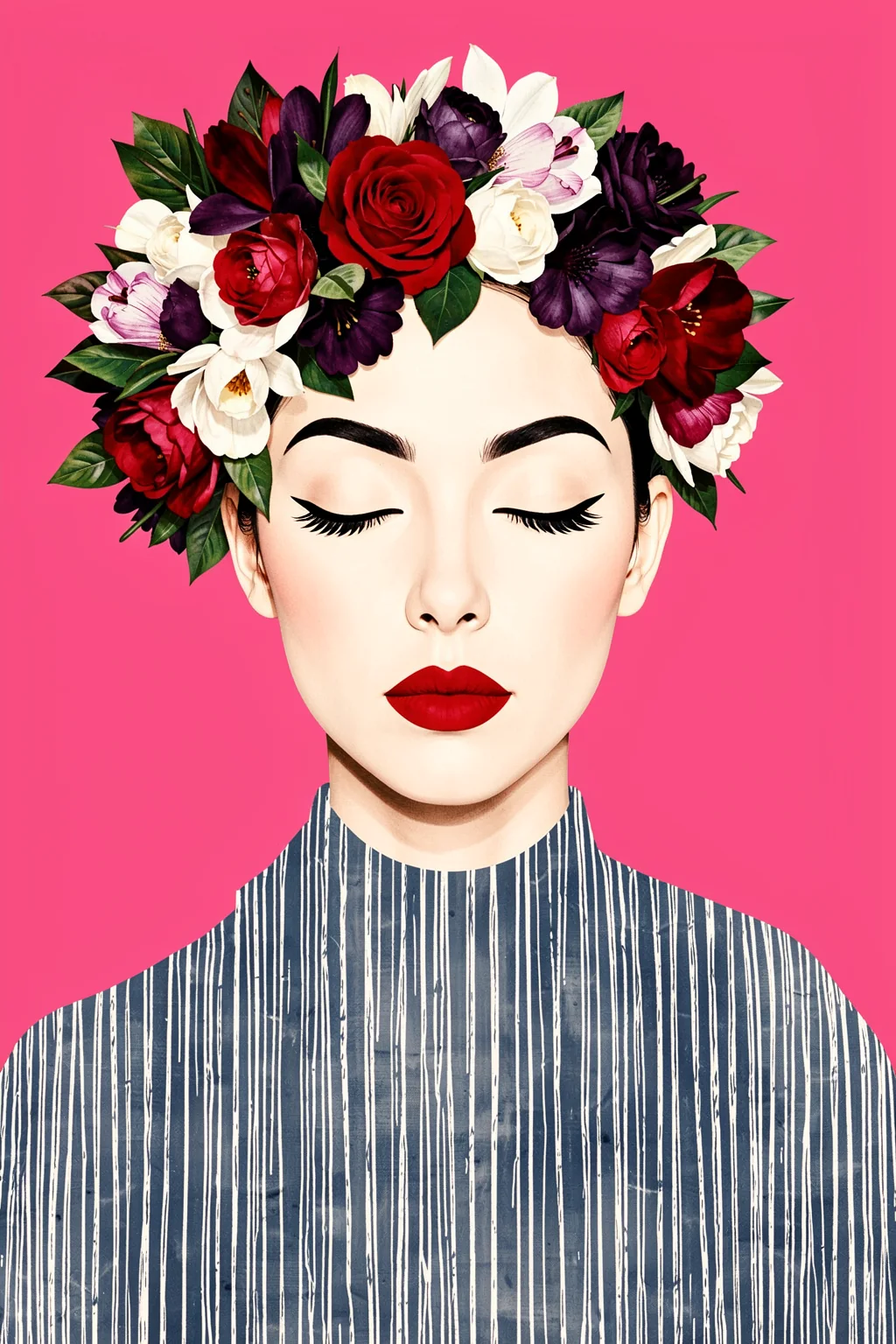 Floral Serenity. A woman with closed eyes wears a crown of red, white, and deep-purple flowers against bright pink.