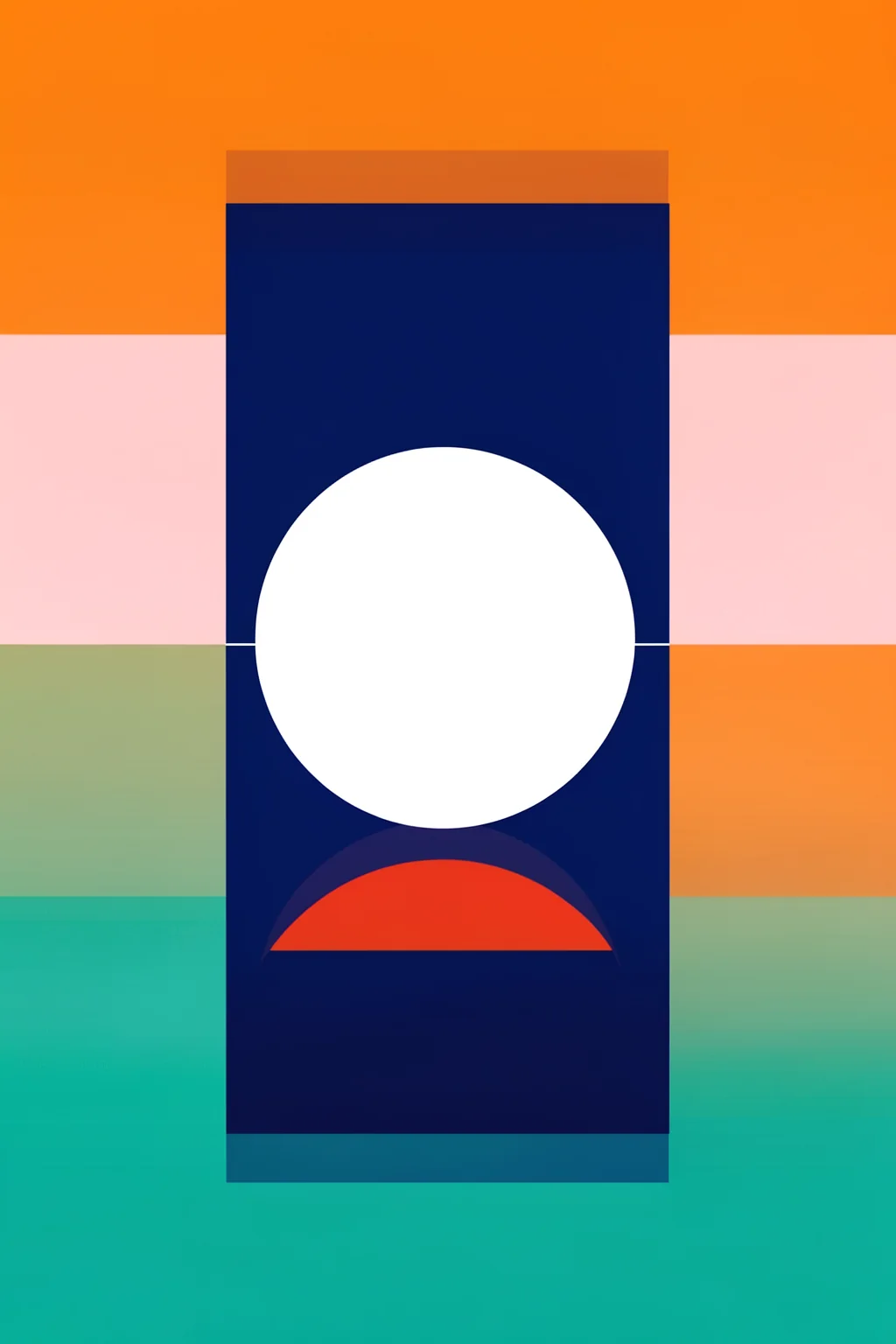 Geometric Color Block. A tall navy rectangle with a large white circle and red semicircle is framed by horizontal orange, pink, green, and teal bands.