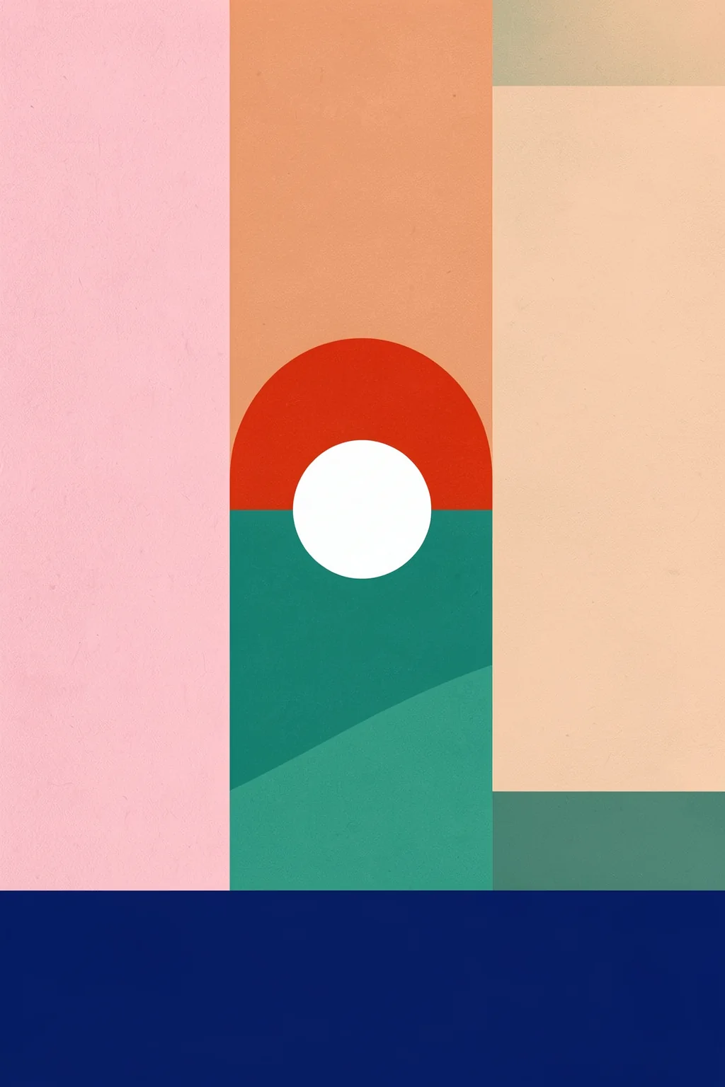 Geometric Color Blocking. A red semicircle and white circle sit over teal bands within vertical pink, peach, and cream panels above a deep-navy base.