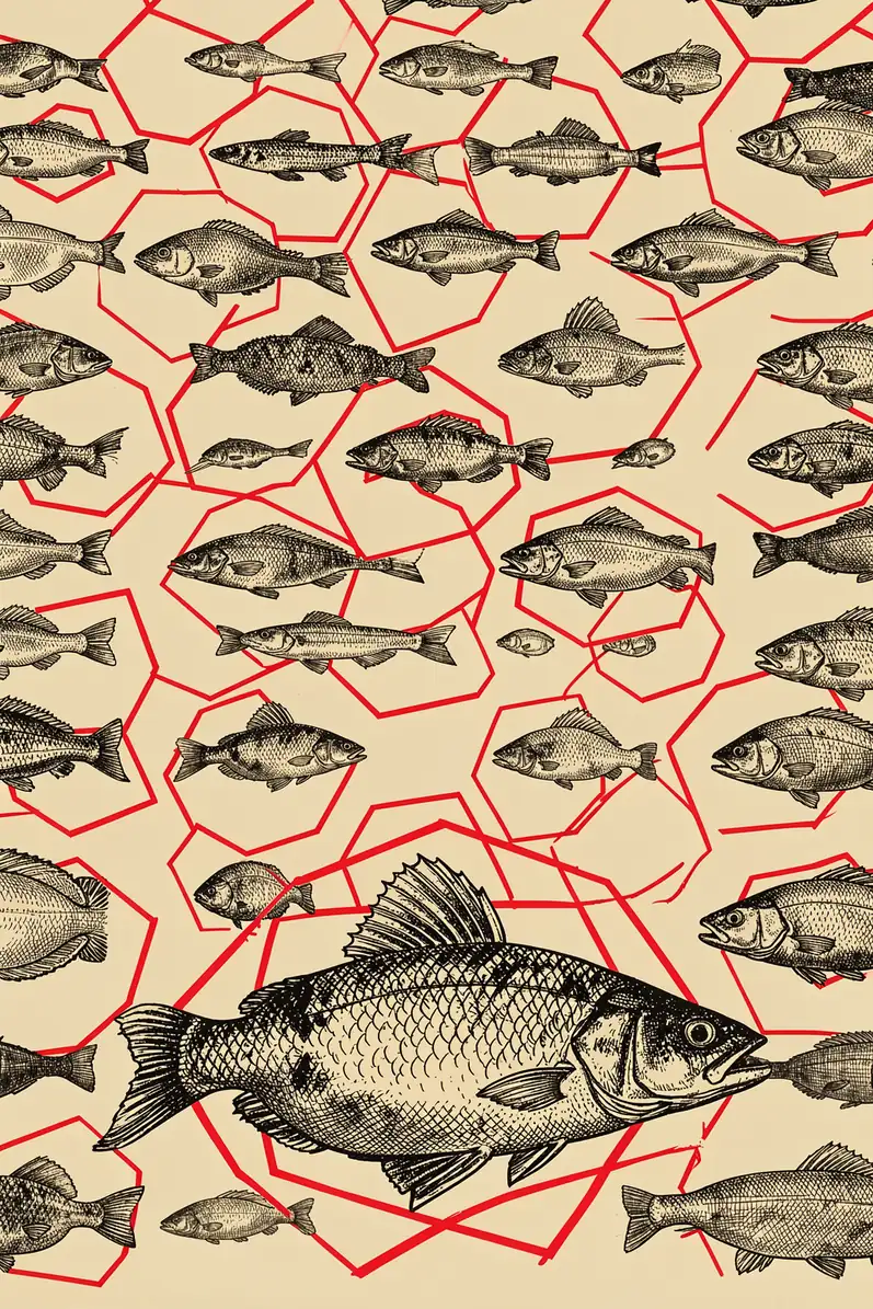 Geometric Fish Study. A large engraved fish swims among many smaller black fish, all set over an irregular red polygon grid on cream.