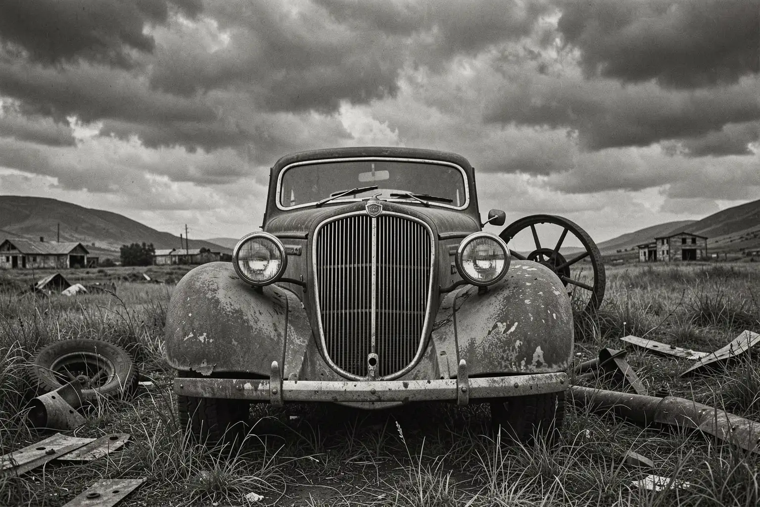 Ghost Town Vintage Car. A weathered vintage car sits in a grassy, abandoned-looking settlement beneath heavy clouds in a black-and-white photograph.