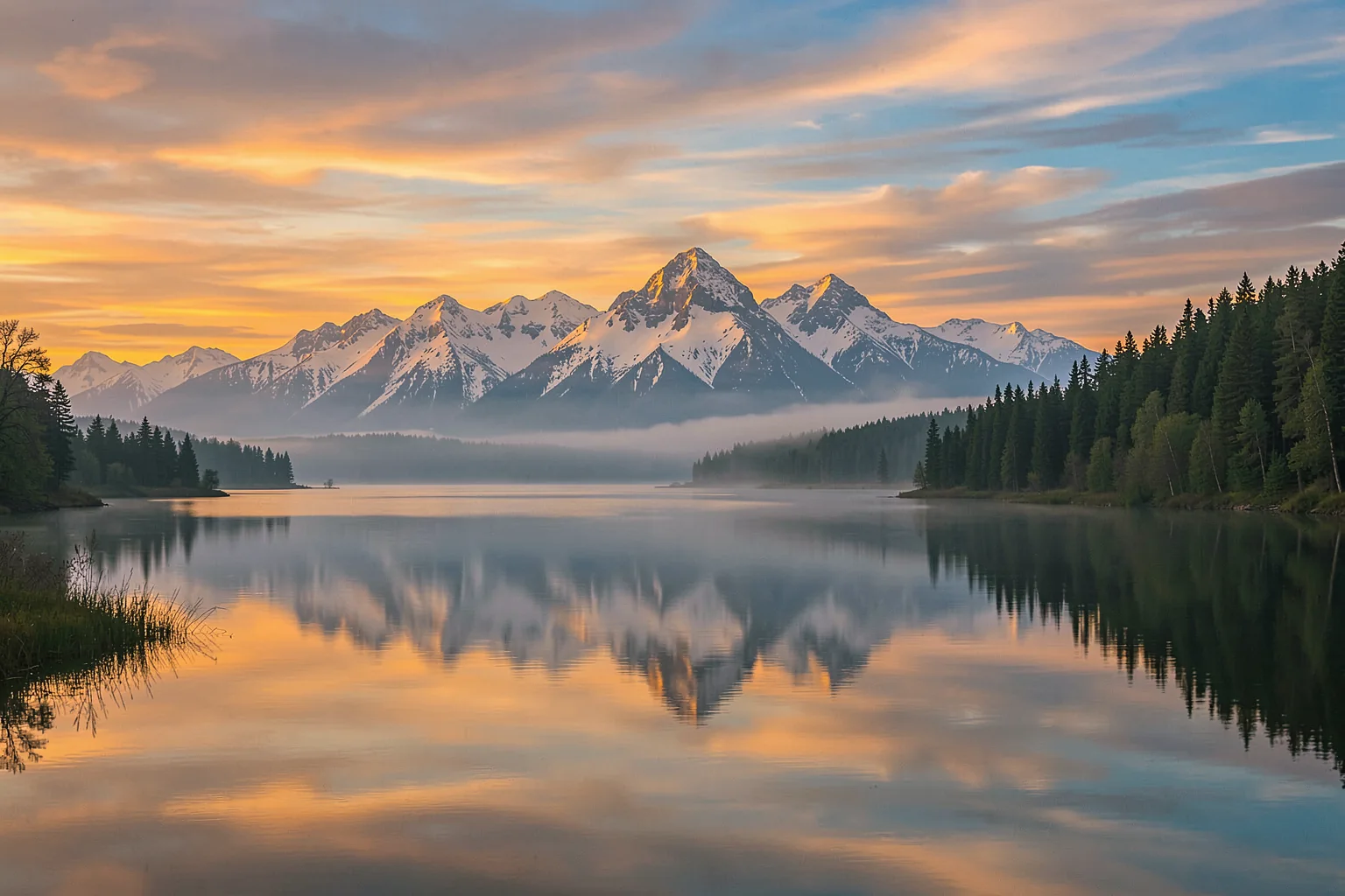 Golden Sky Lake Reflection. A mountain range and forest are mirrored in a calm lake beneath peach and blue dusk clouds.