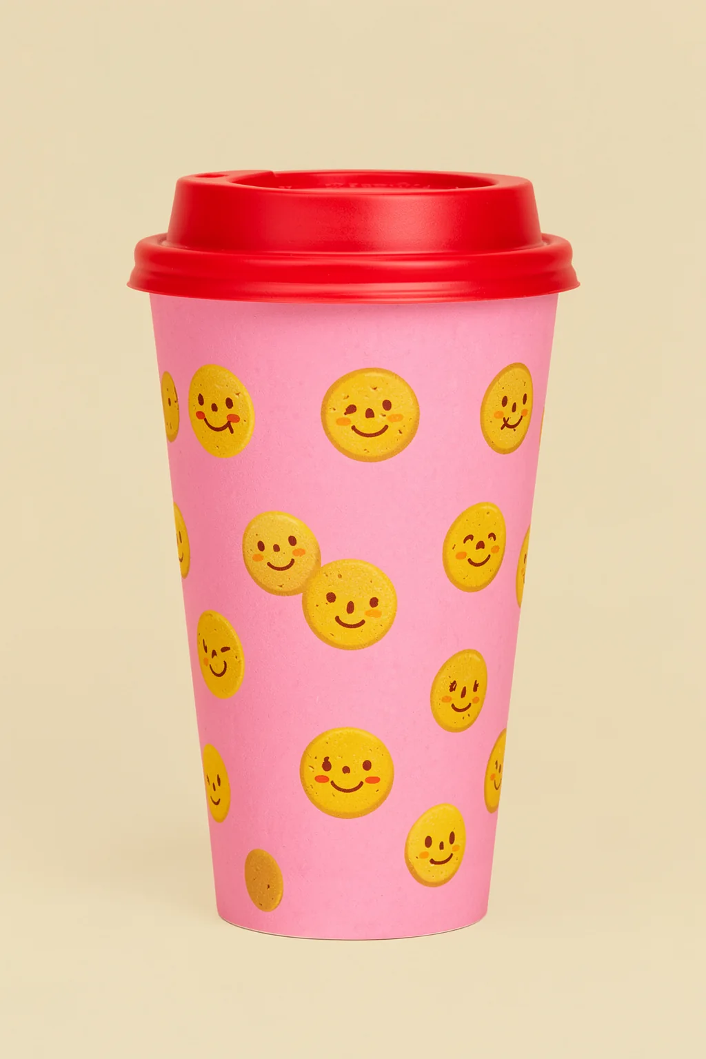 Happy Pink Coffee Cup. A pink takeaway coffee cup with a red lid is covered in small smiling yellow faces against pale cream.