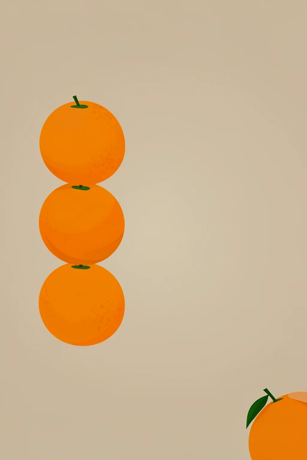 Minimalist Orange Stack. Three bright oranges are stacked vertically along the left side of a warm beige background, with a partial orange at the lower right.