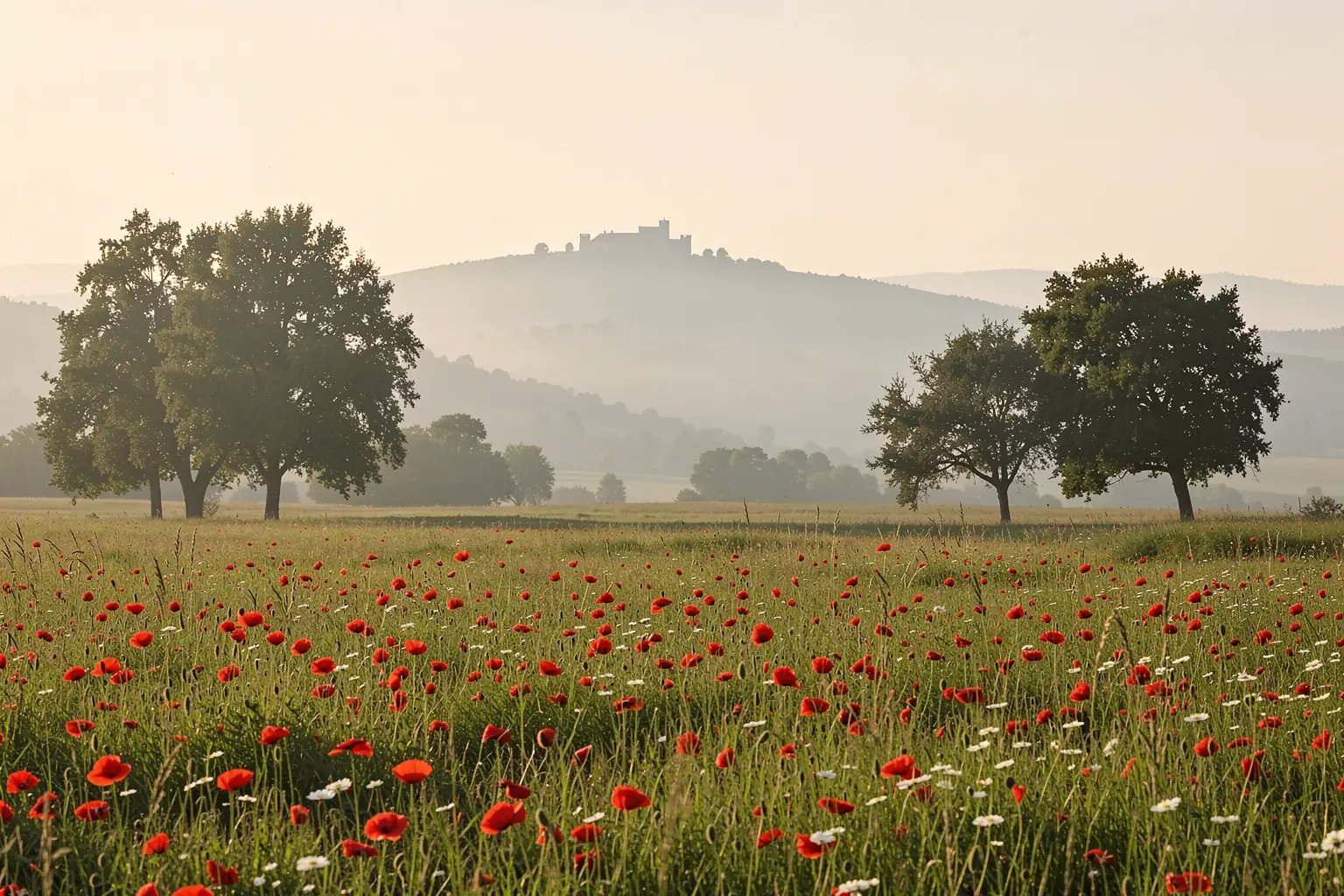 Misty Tuscan Poppies. Red poppies and small white flowers fill a meadow below hazy Tuscan hills and scattered trees.