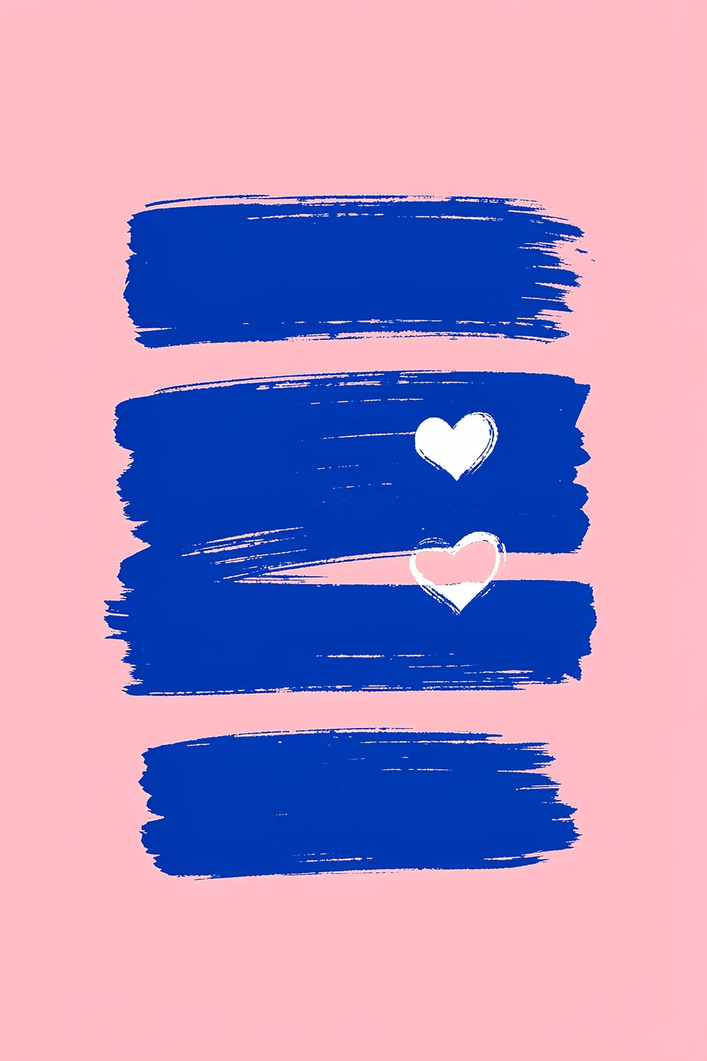More Amor Por Favor. Three rough cobalt-blue brush bands cross a pink field, with two small white heart shapes in the middle band.