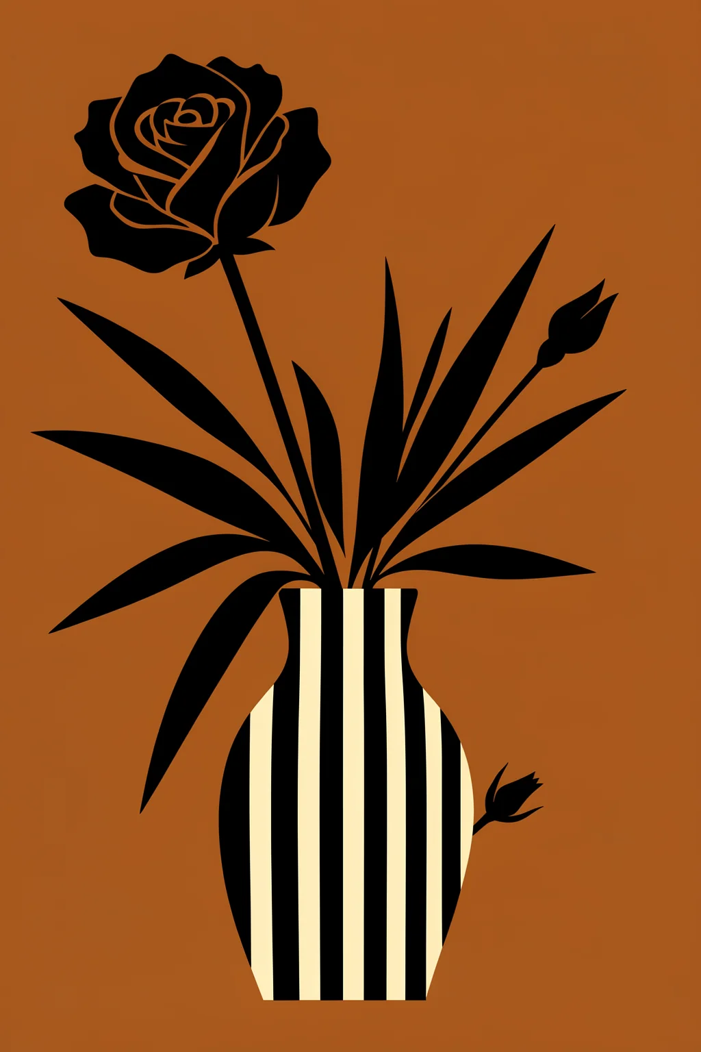 Ochre Still Life No 5. A black rose and leafy stems rise from a cream-and-black striped vase against a solid ochre-brown background.