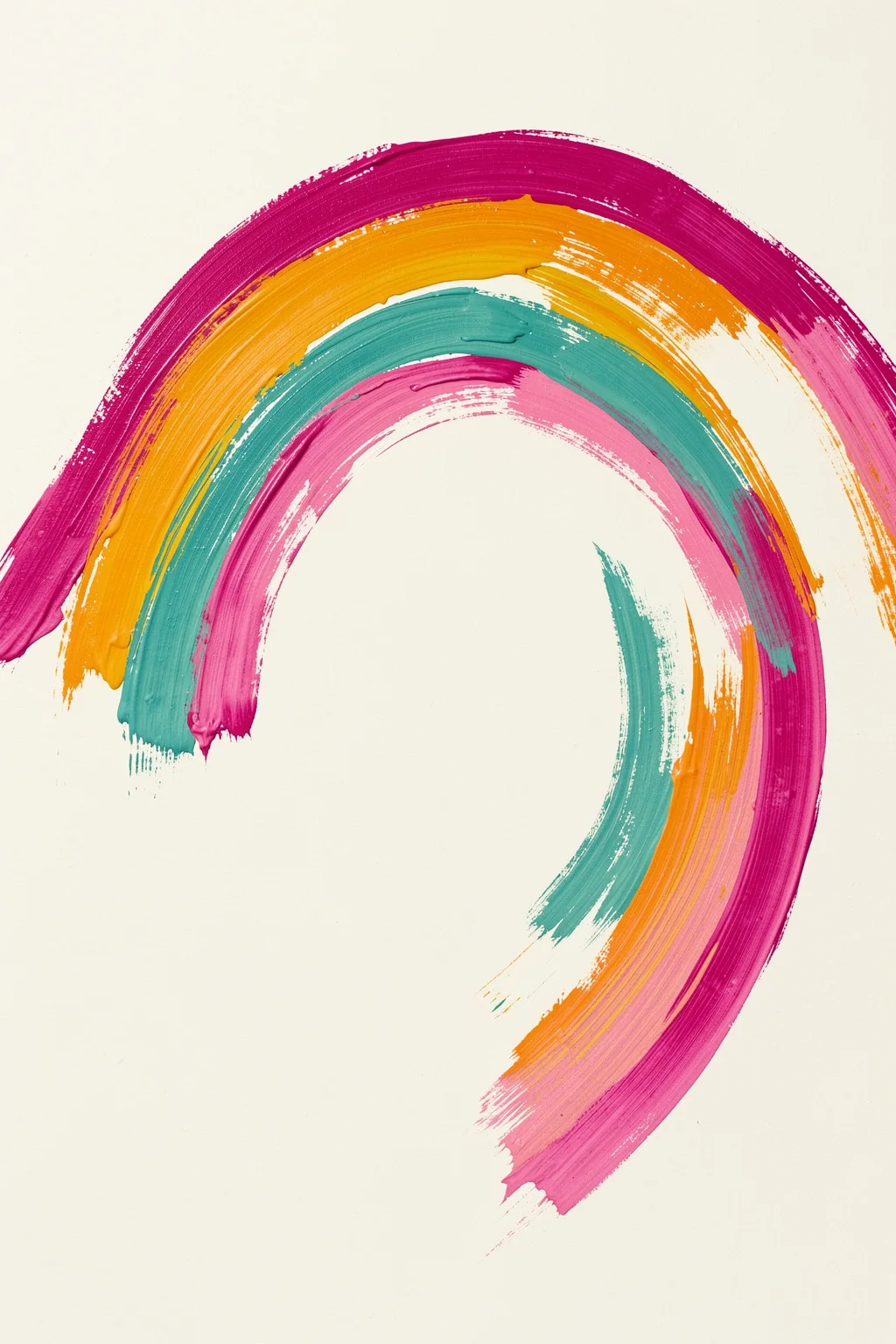 Rainbow Unity. Broad brushstrokes in magenta, orange, teal, and pink form an open rainbow-like arc on textured cream.