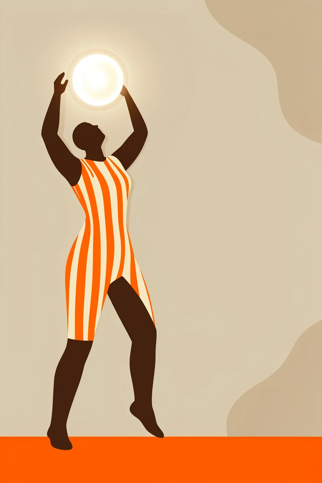 Reach For The Sun. A silhouetted figure in an orange-and-white striped outfit reaches toward a glowing white sun against a beige abstract background.