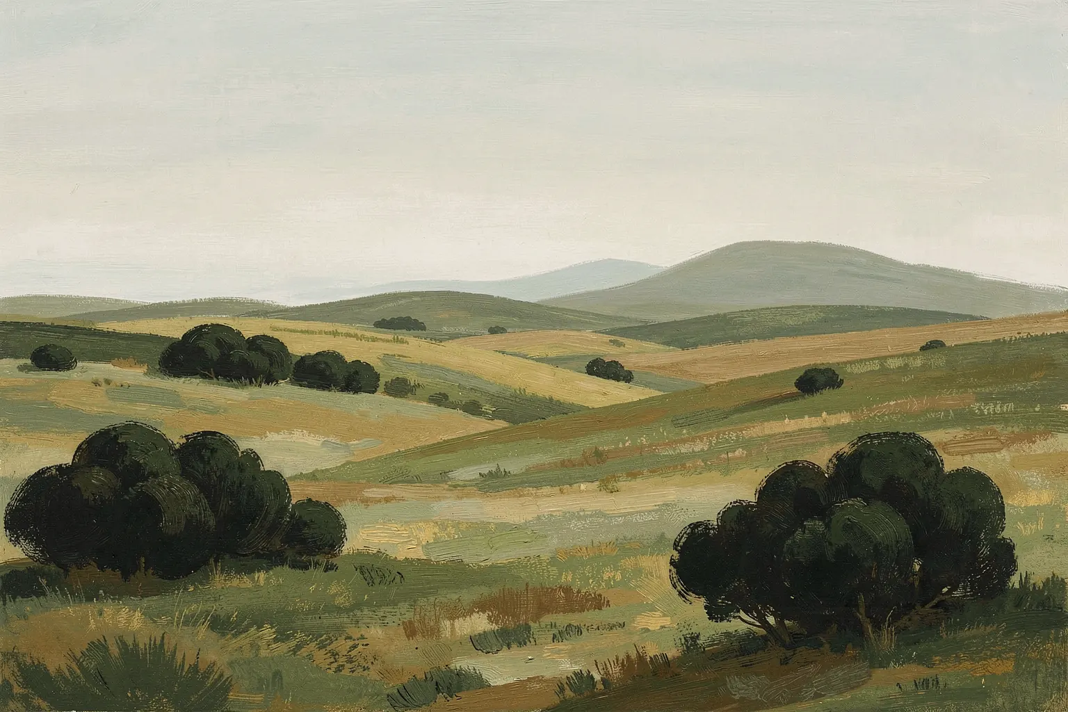 Serene Coastal Landscape. Rolling green and ochre fields with scattered dark trees stretch toward low hills beneath a pale sky.