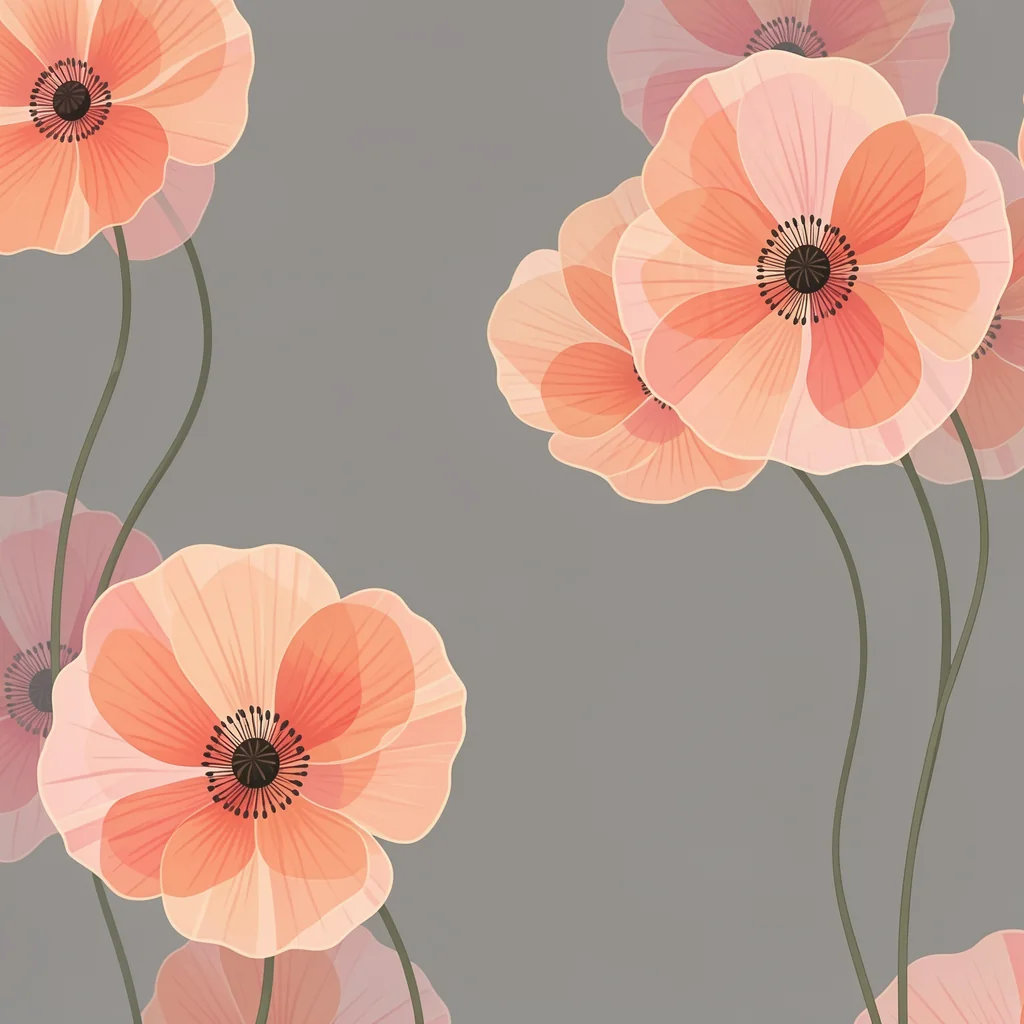 Soft Coral Poppies. Large translucent coral poppy-like flowers with fine veined petals and dark centers rise on slender stems against gray.