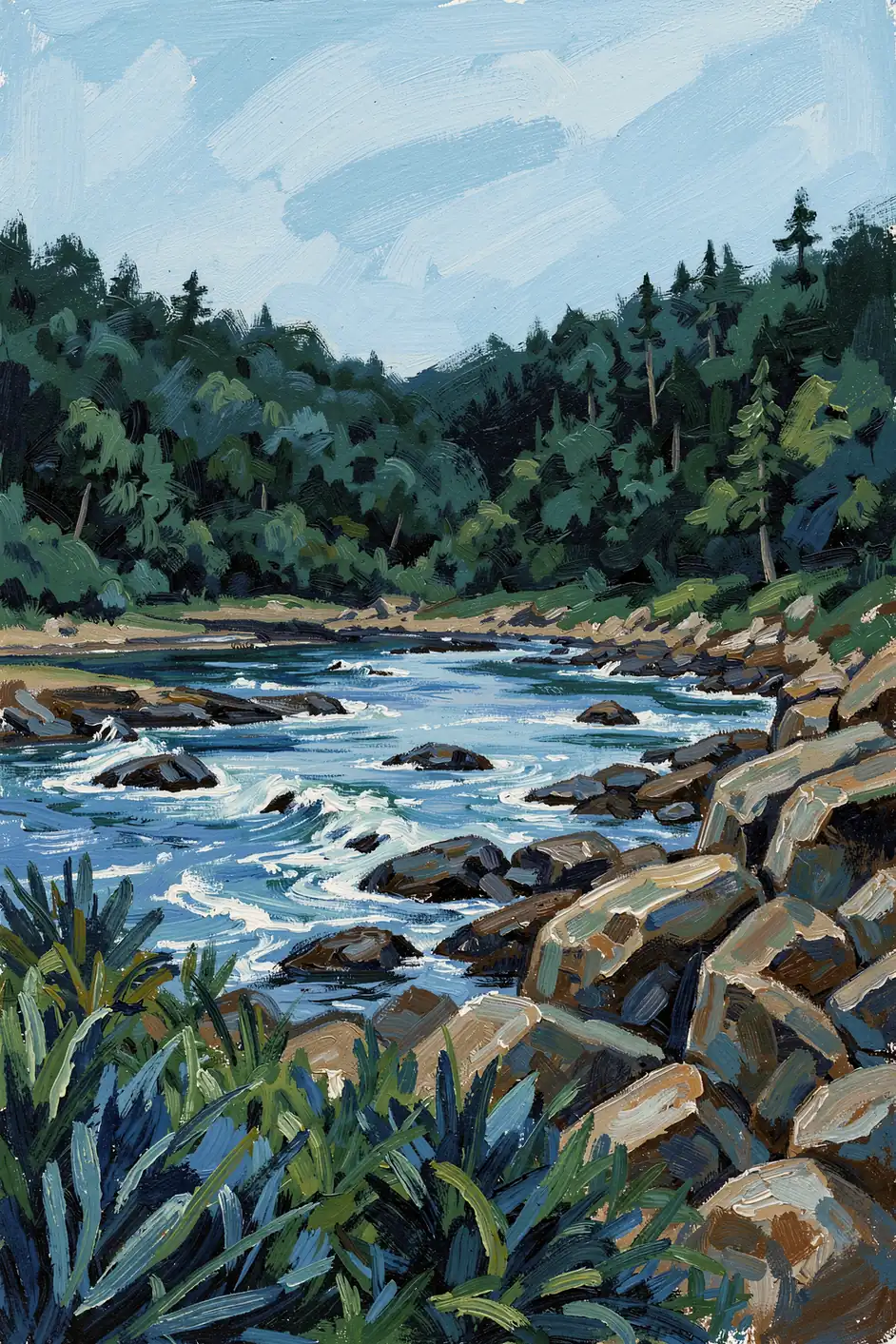 Vibrant Coastal View. A painted rocky stream runs through dense dark-green forest beneath a light blue sky.