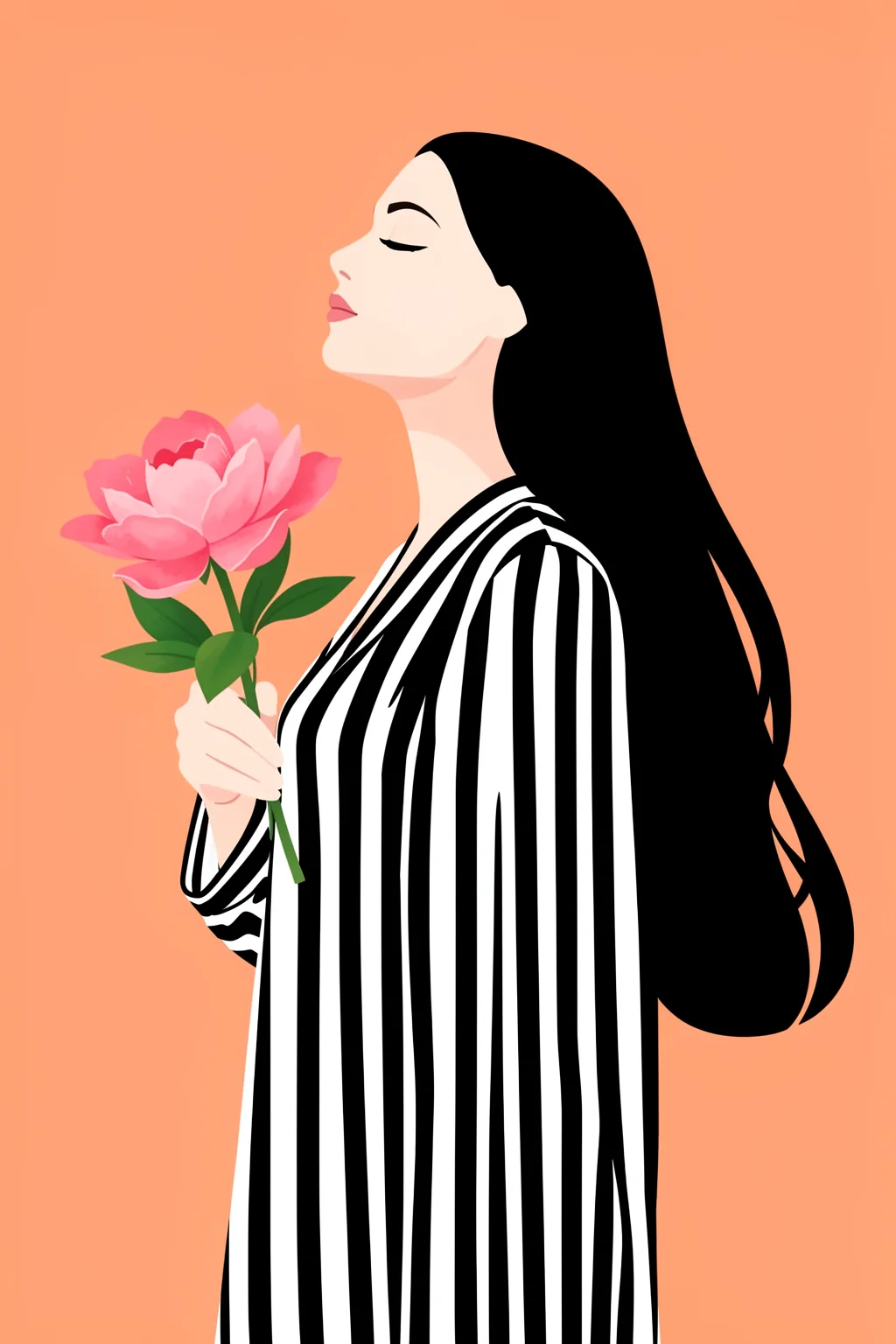 A Silent Moment (Peach). A woman with long black hair and closed eyes holds a pink flower, wearing a black-and-white striped garment against peach.