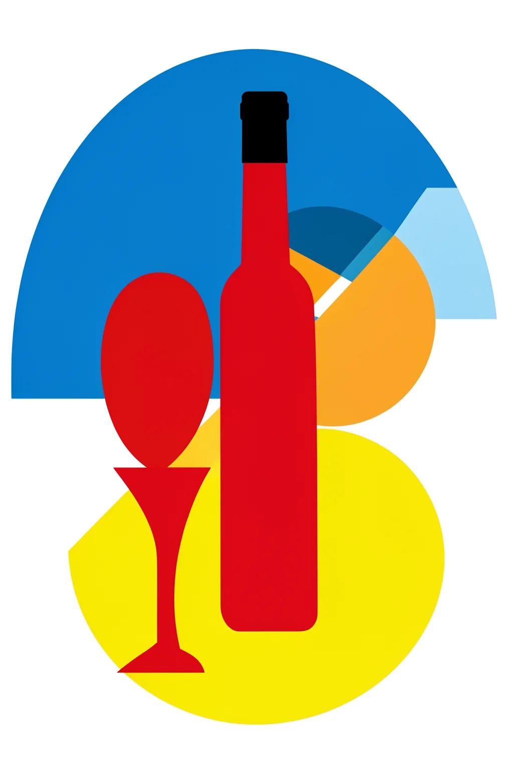 Bold Geometric Cocktail Recipe. A red bottle and matching goblet stand amid bold blue, orange, yellow, and cream geometric shapes.