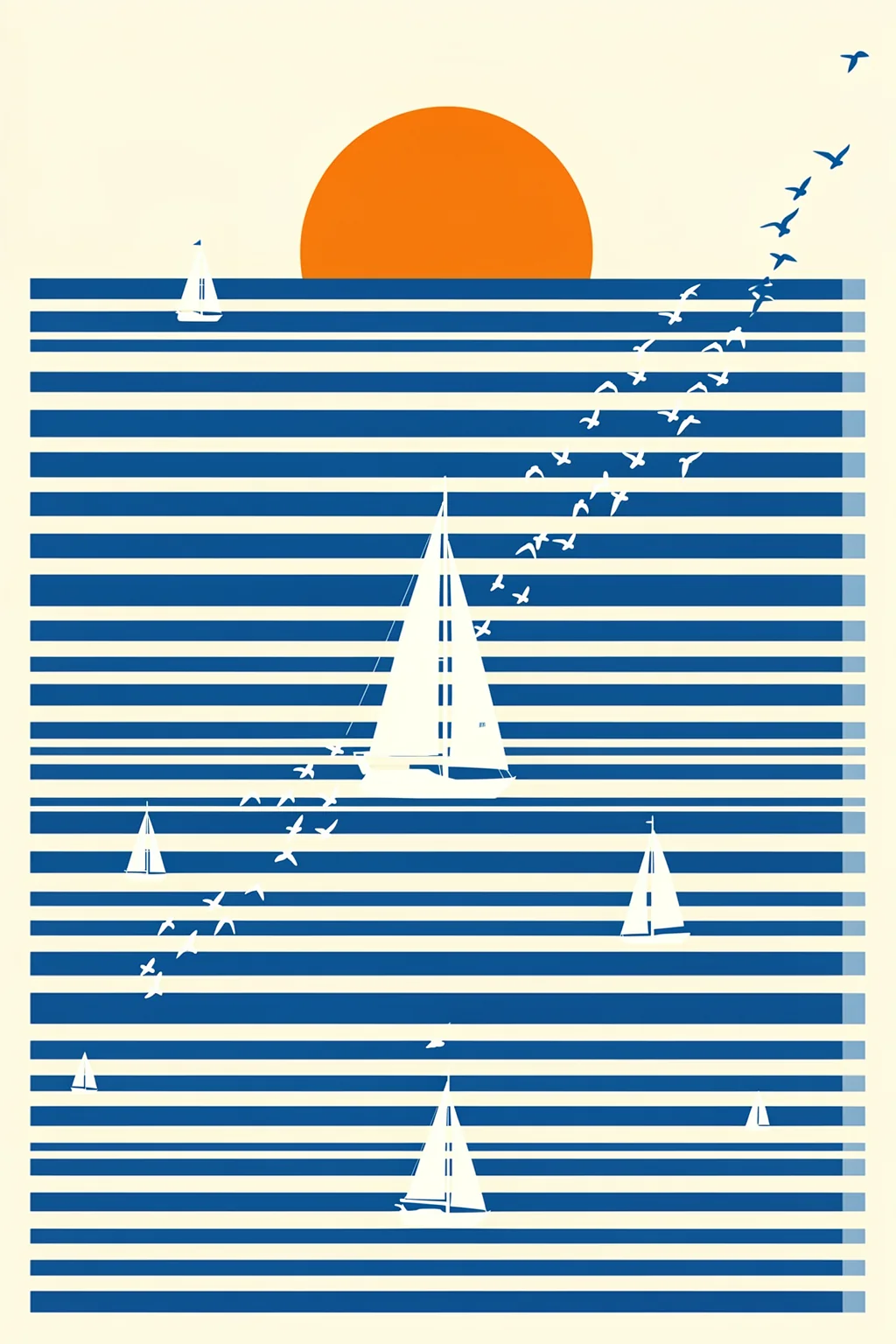 Ocean Sunset Sailboats. White sailboats and birds cross a stylized seascape of navy and cream stripes beneath an orange sun.