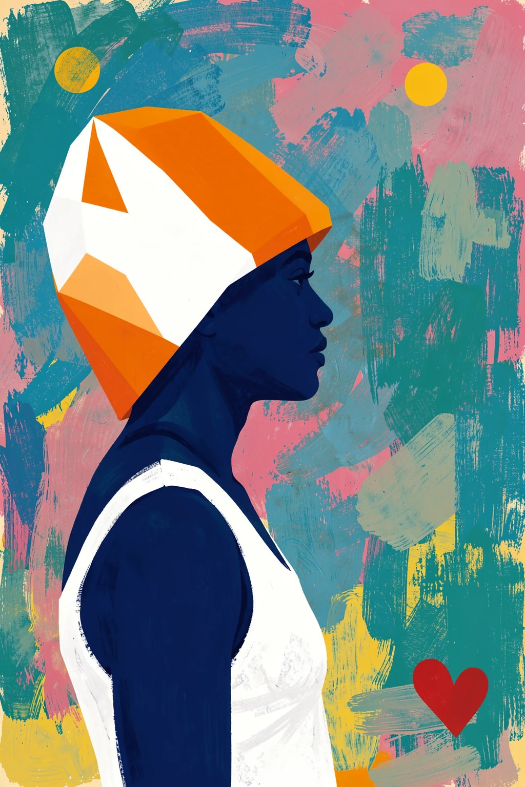 Vibrant Abstract Woman. A woman in profile wears an angular orange-and-white headwrap against a textured teal and pink background with yellow circles and a small red heart.