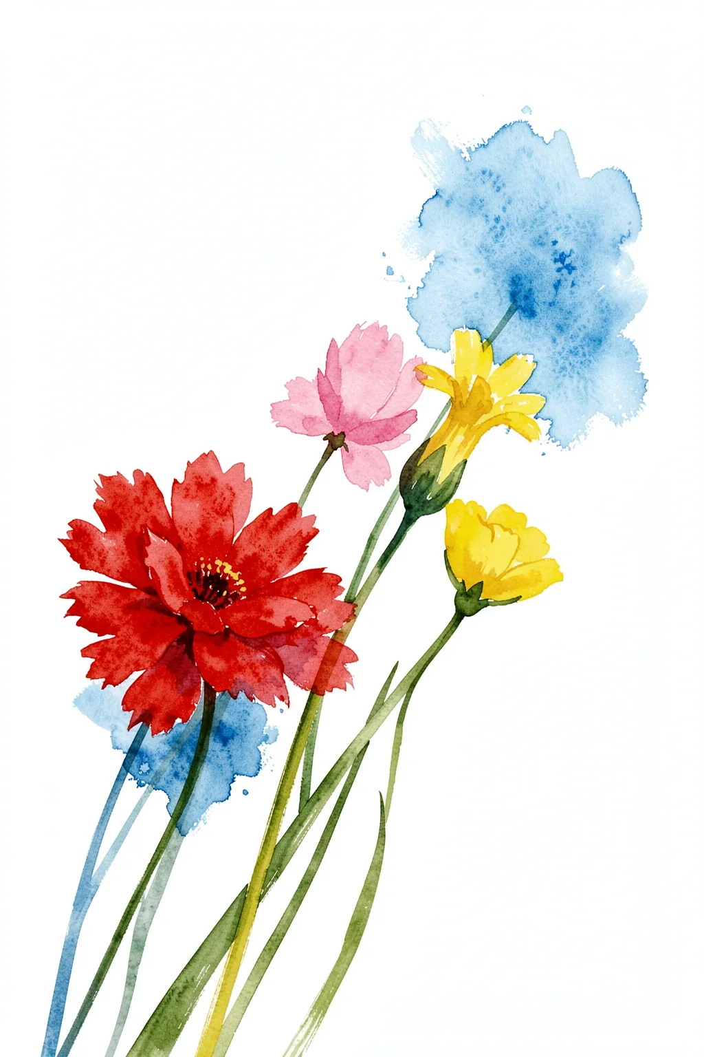 Sweet Pea Blooms. Red, pink, yellow, and blue watercolor flowers rise on slender green stems against a white background.