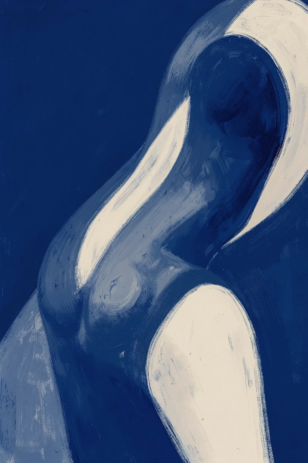 Serene Blue Figure. Sweeping pale-blue and cream brushstrokes form an abstract curved figure against a deep navy field.