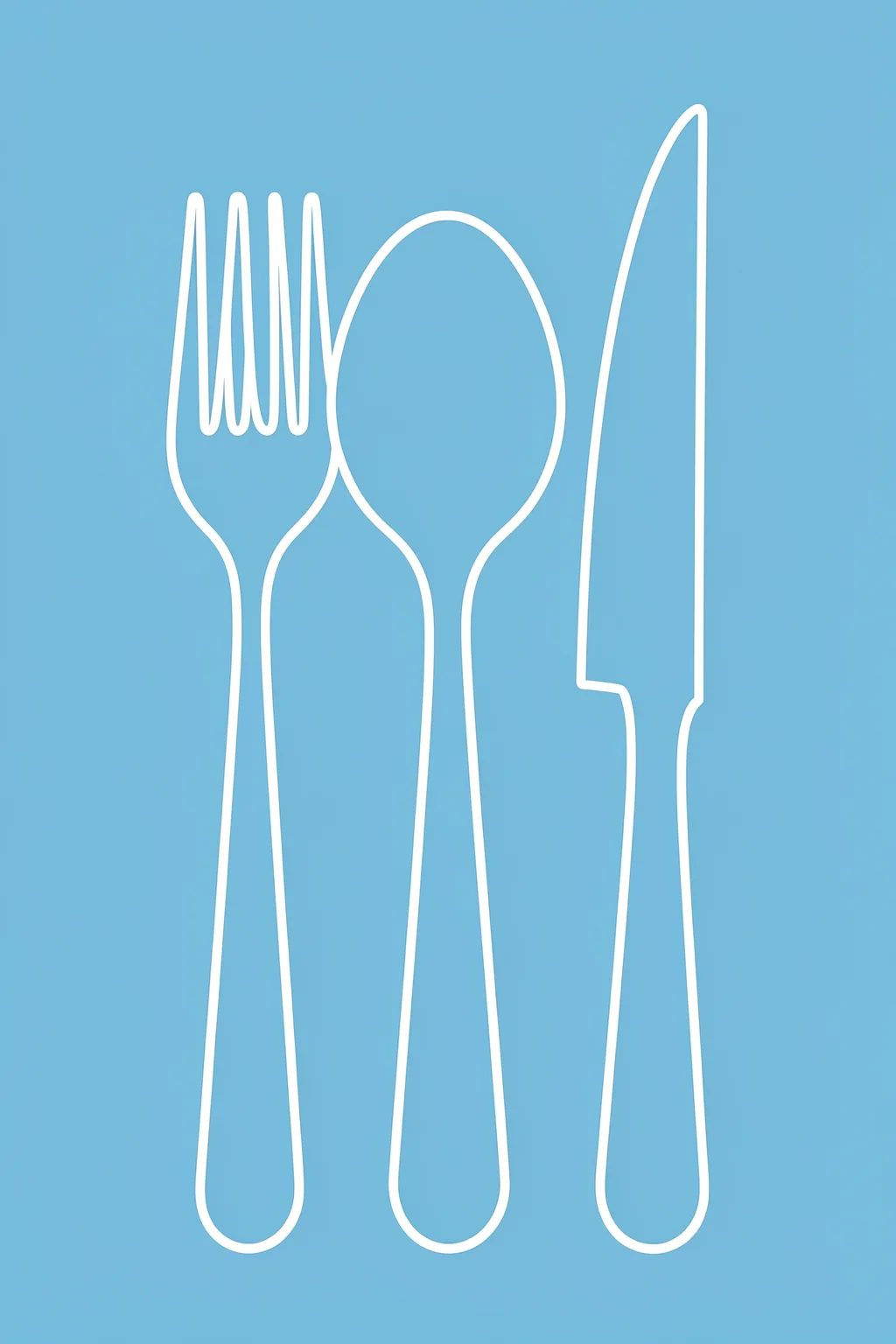 Blue Yummy Cutlery. White outline drawings of a fork, spoon, and knife stand vertically against a flat light-blue background.