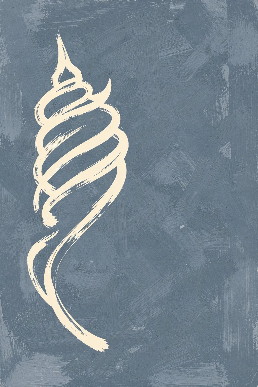 Shell Spiral Dream. A cream-colored spiral form is painted on a textured slate-blue background.