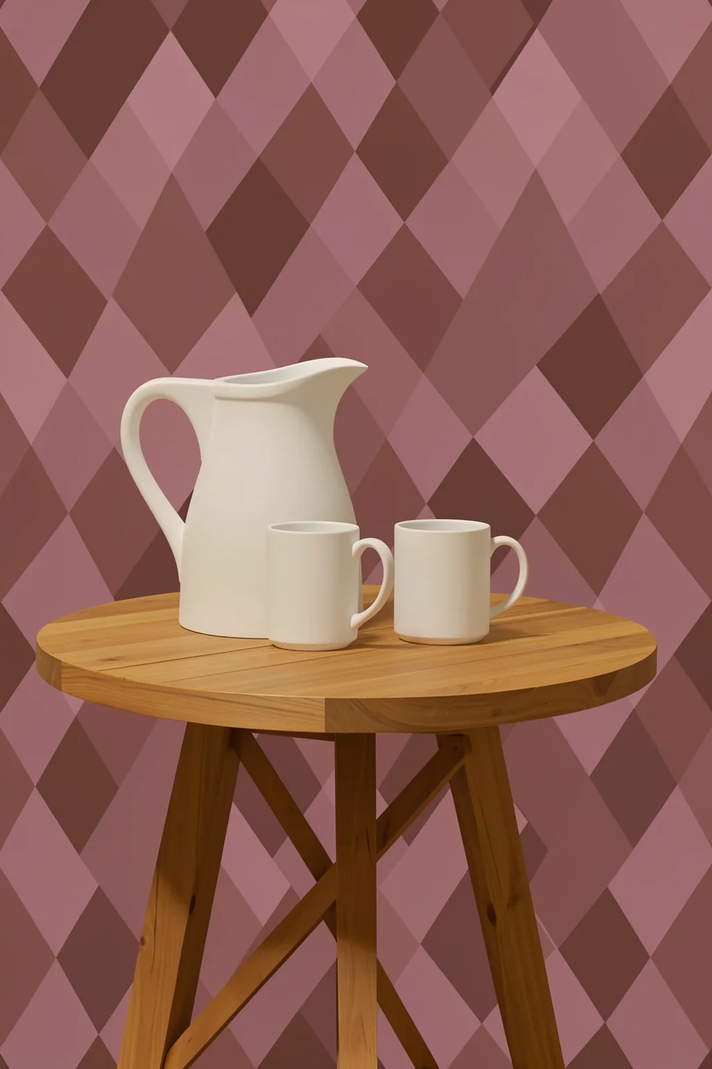 Retro Coffee Time. A cream pitcher and two matching mugs sit on a round wooden table before a mauve-and-brown geometric wall.
